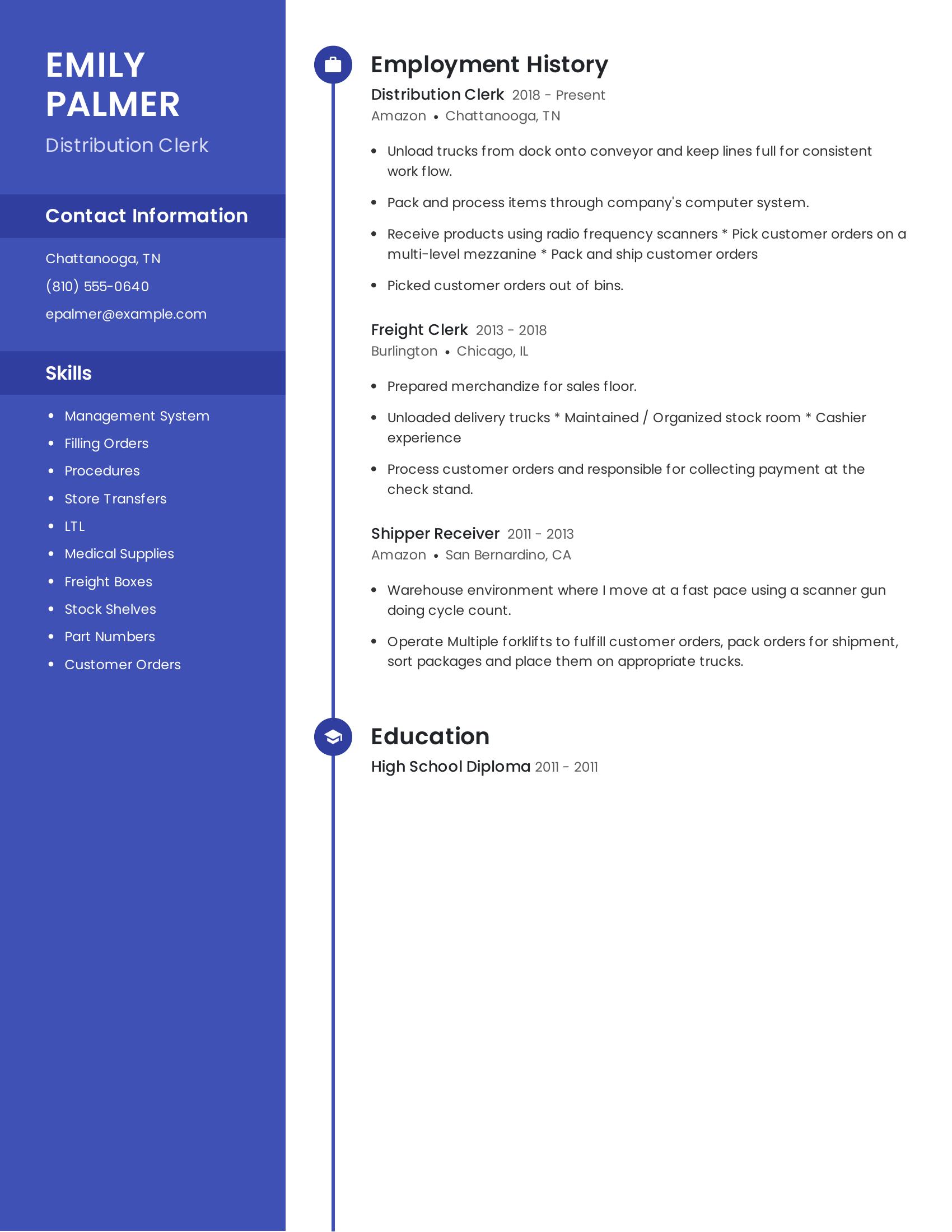 Distribution Clerk resume example