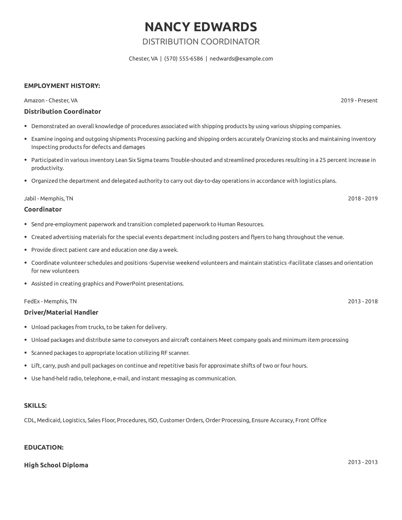 Distribution Coordinator resume example