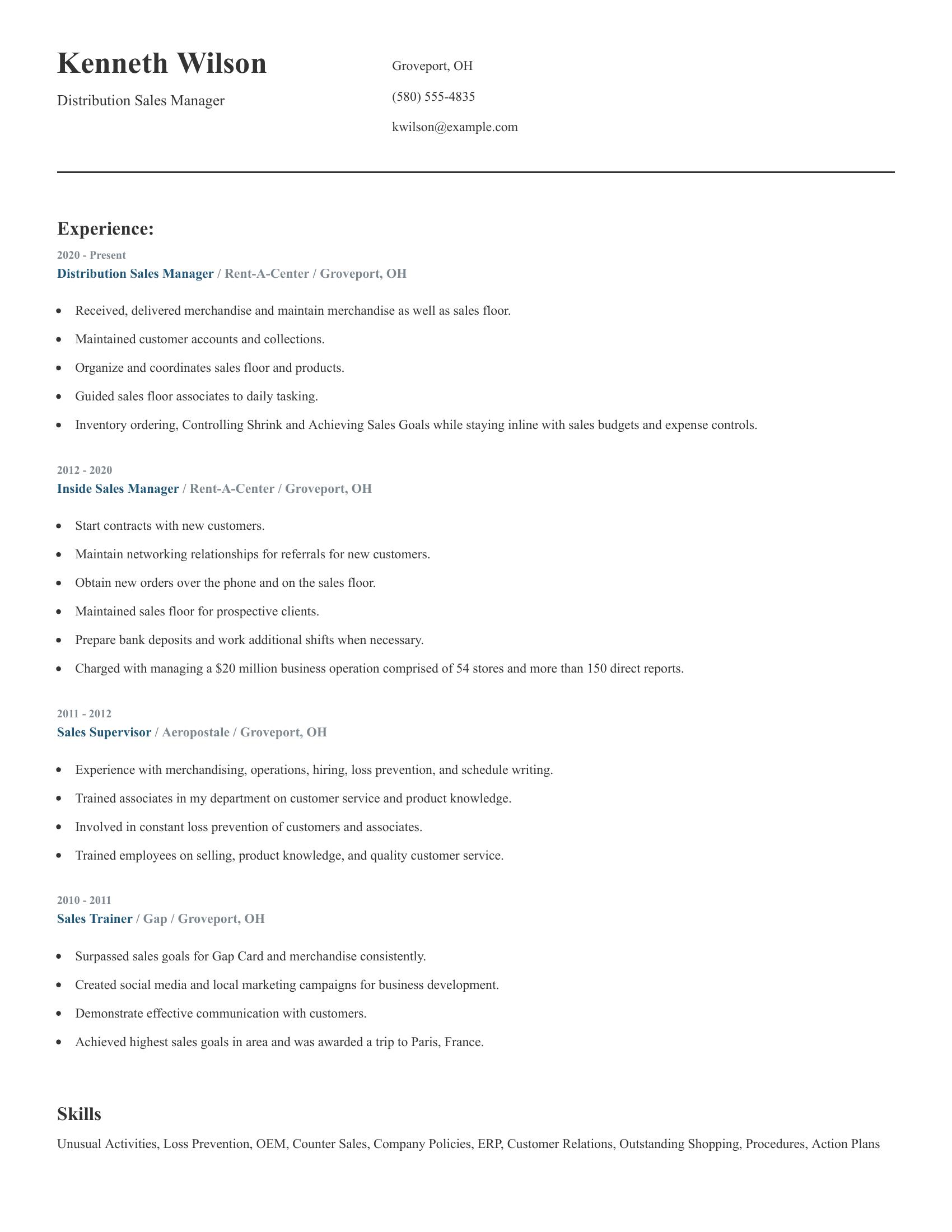 Distribution Sales Manager resume example