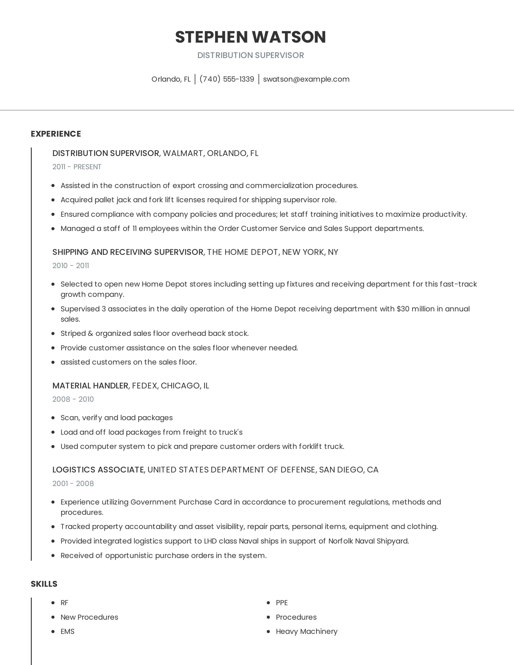 Distribution Supervisor resume example