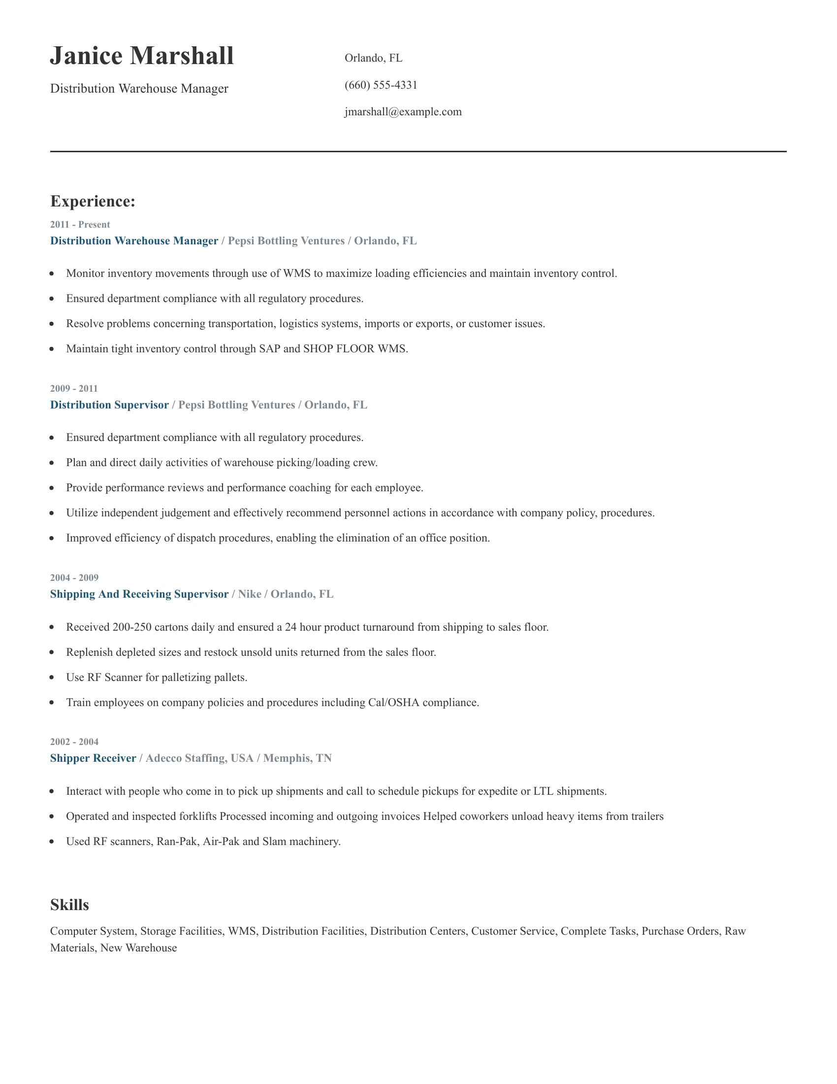 Distribution Warehouse Manager resume example