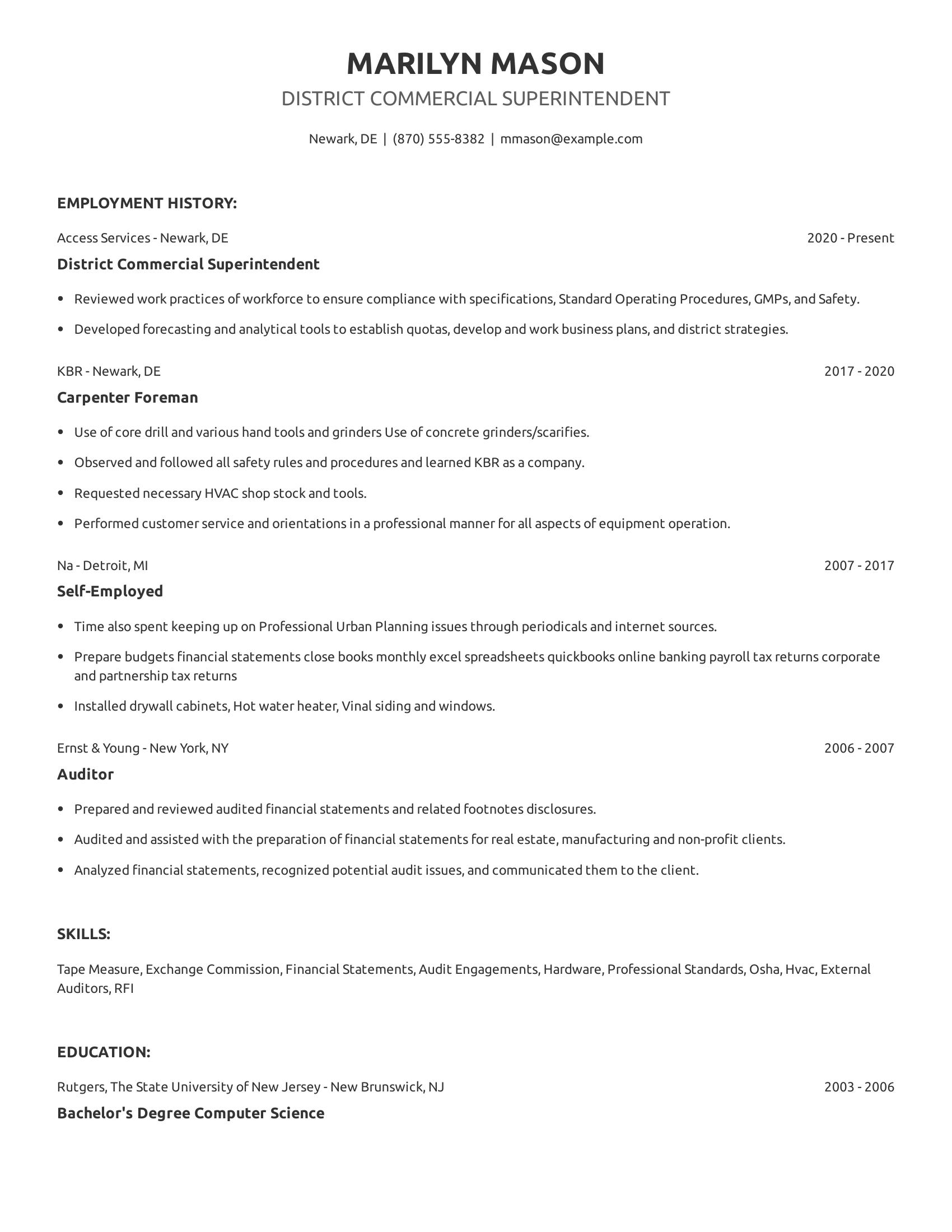 District Commercial Superintendent resume example