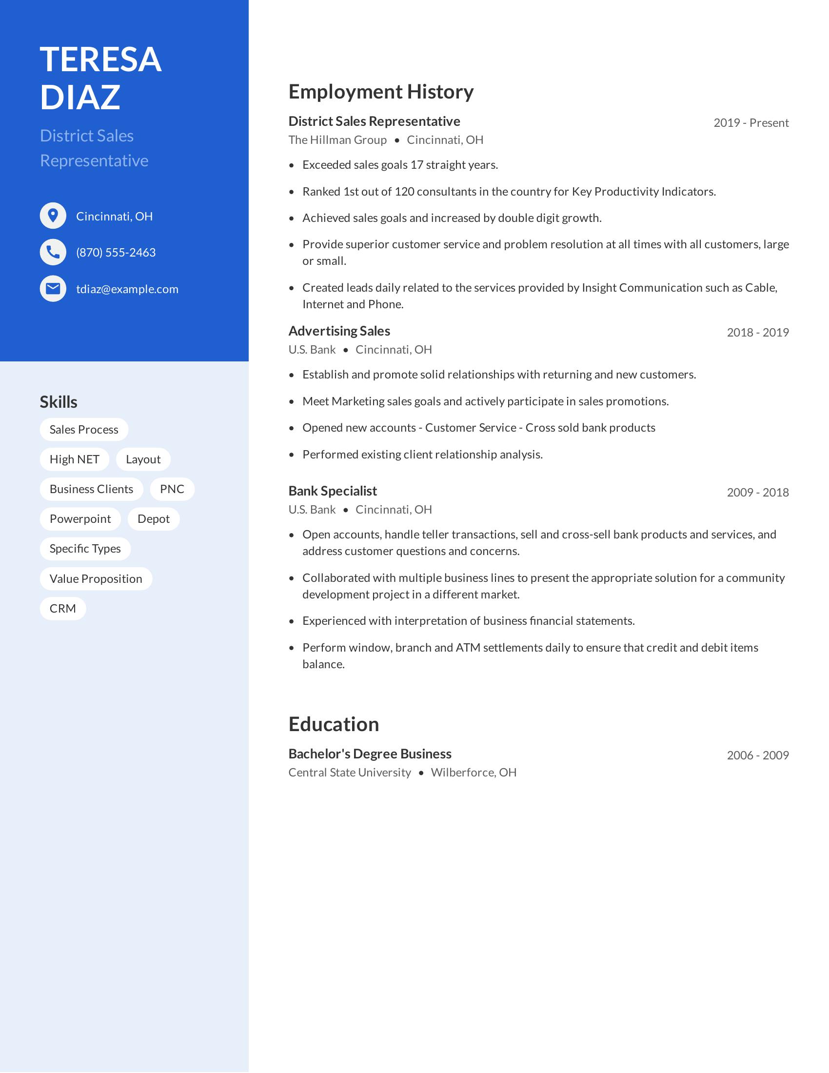 District Sales Representative resume example
