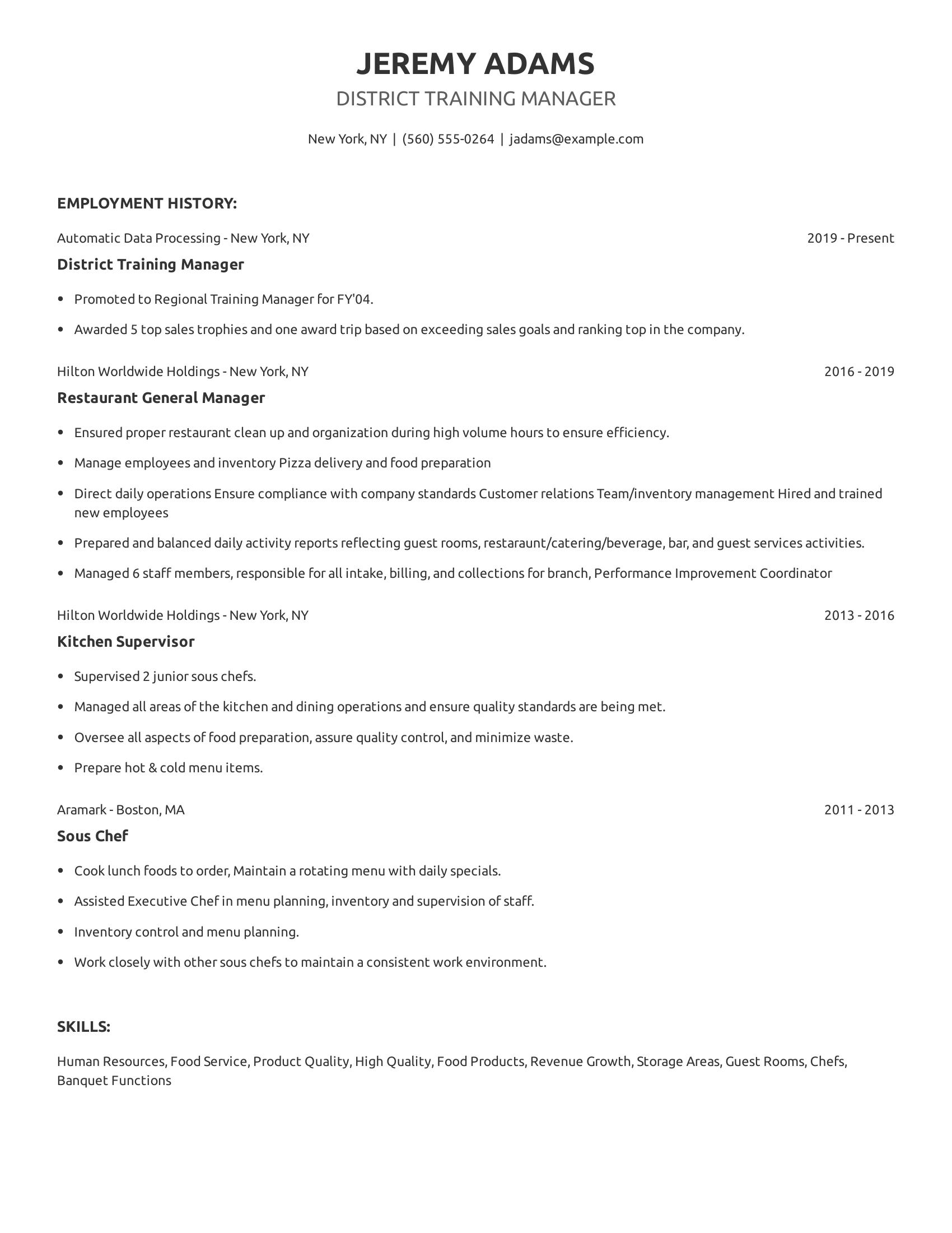 District Training Manager resume example