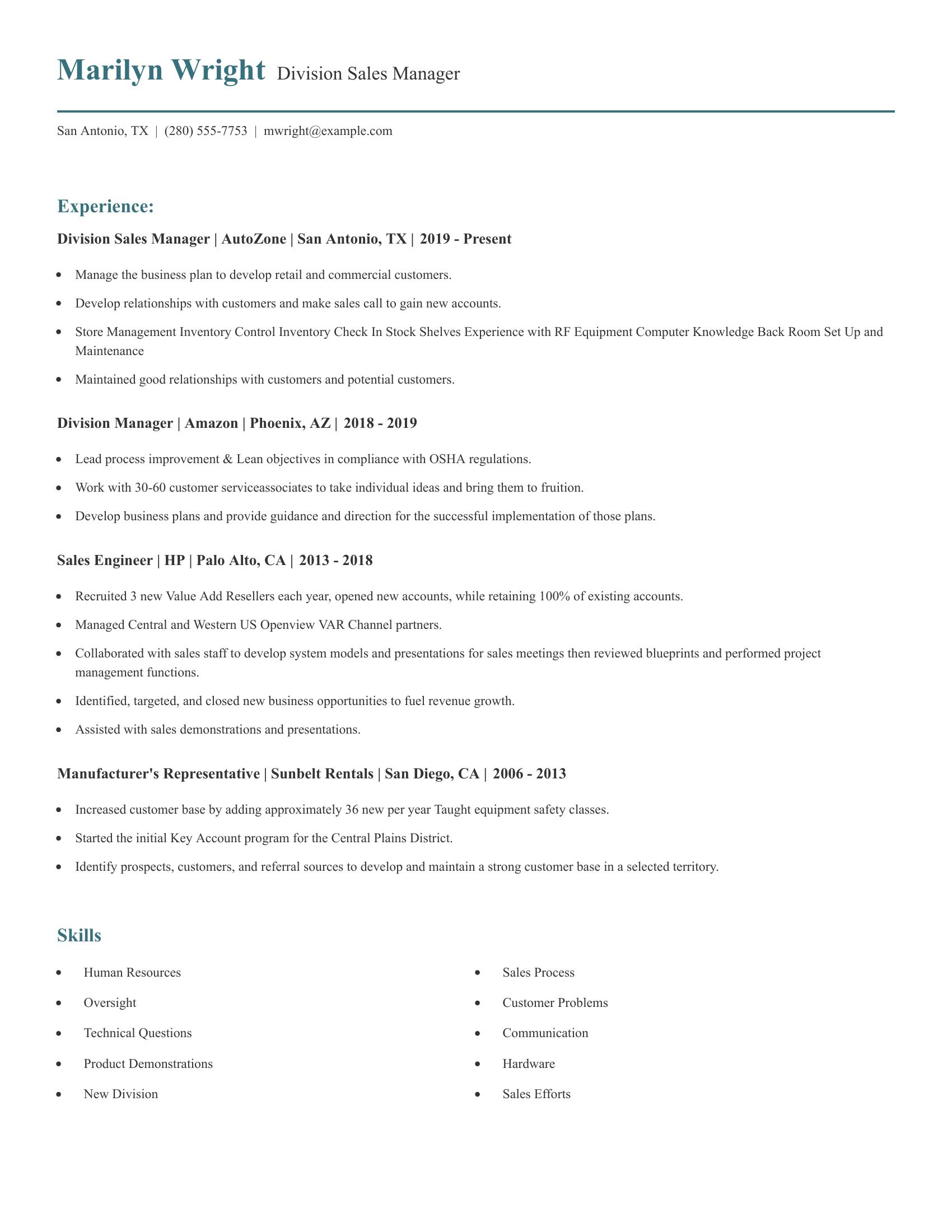 Division Sales Manager resume example