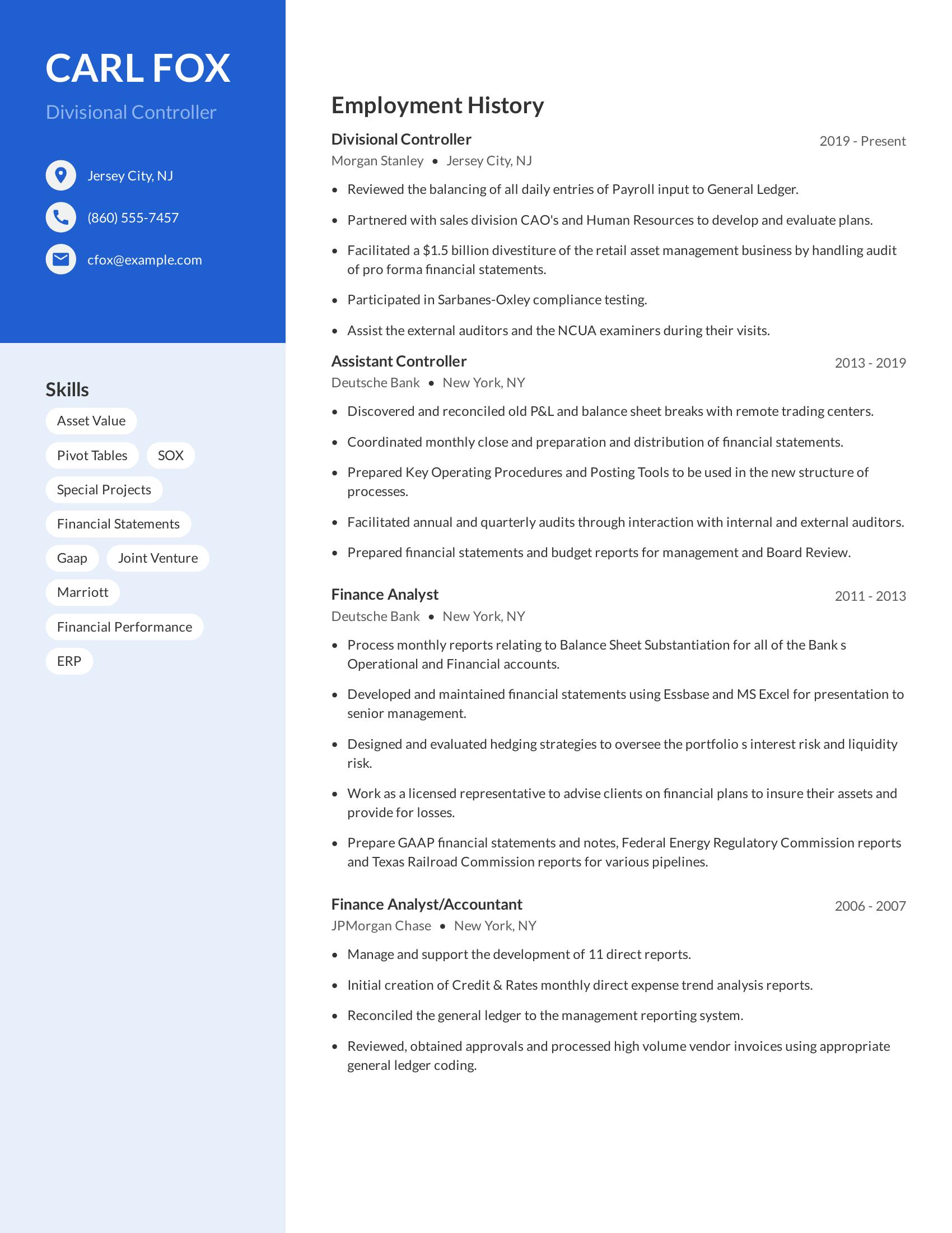 Divisional Controller resume example