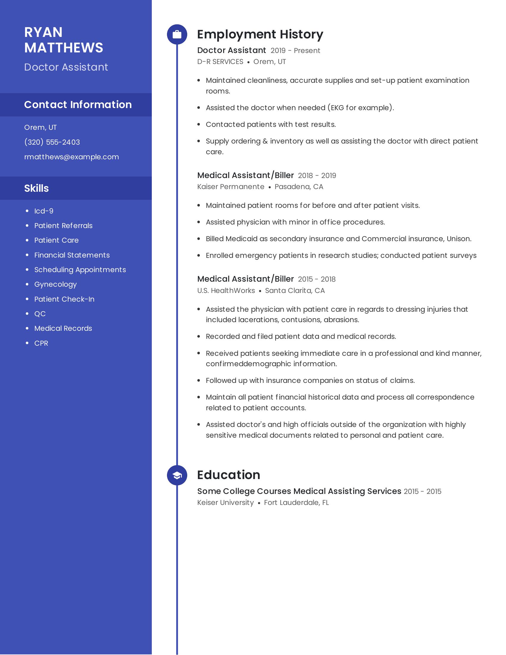 Doctor Assistant resume example