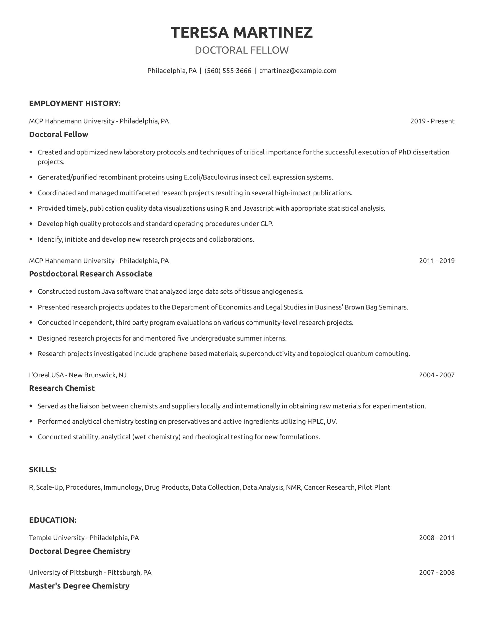 Doctoral Fellow resume example