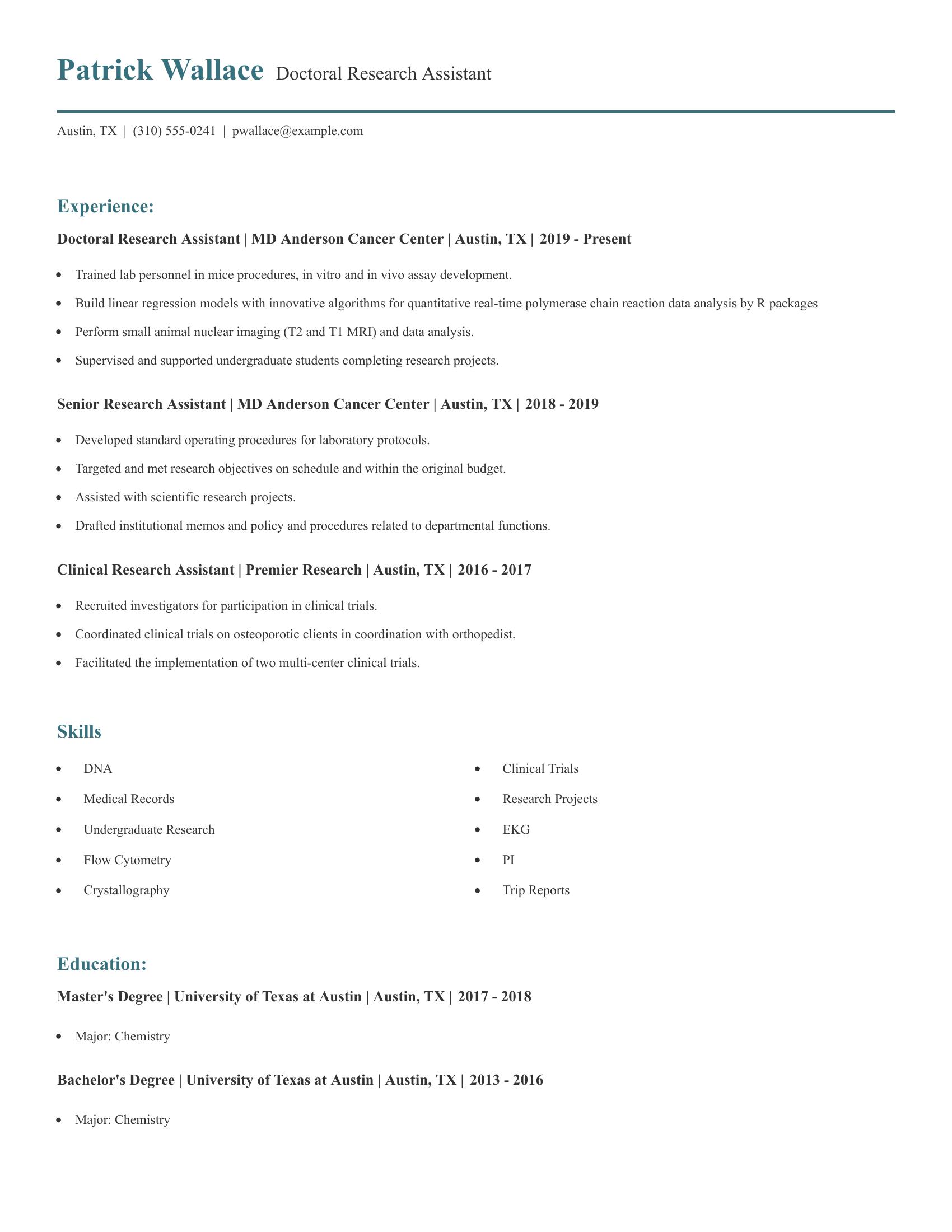 Doctoral Research Assistant resume example