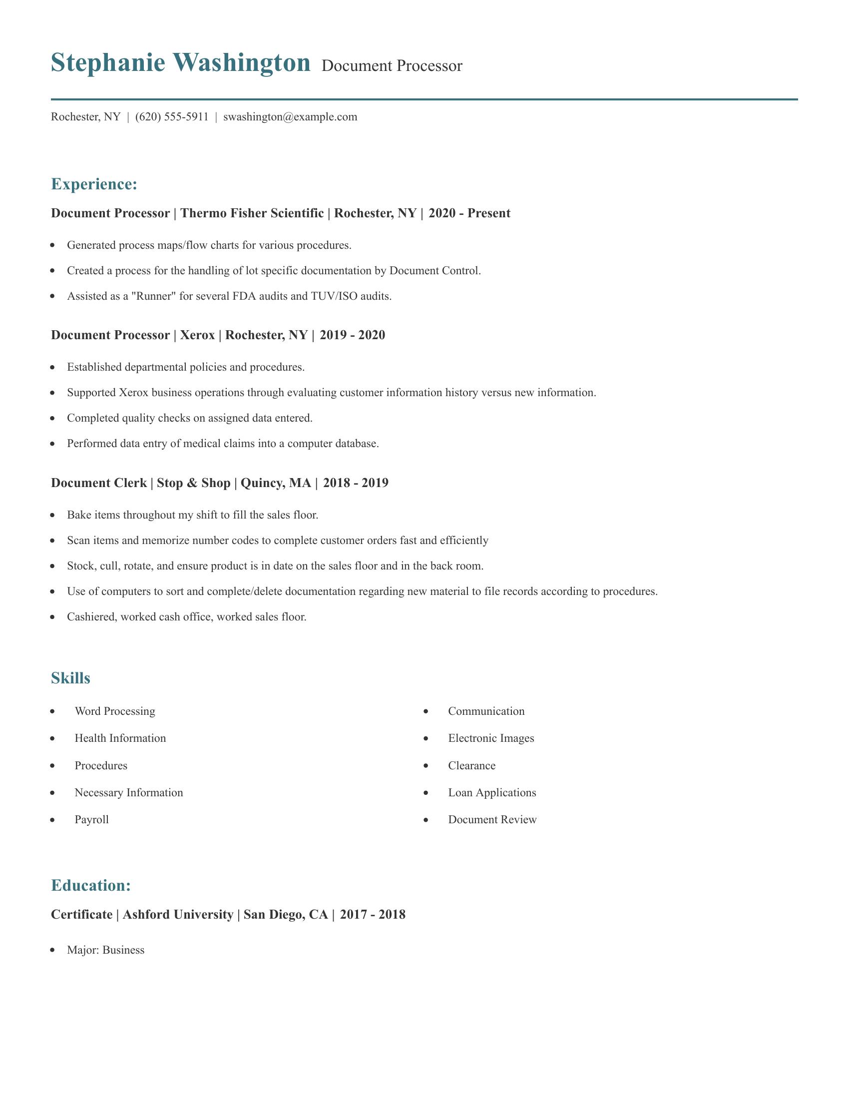 Document Processor resume example