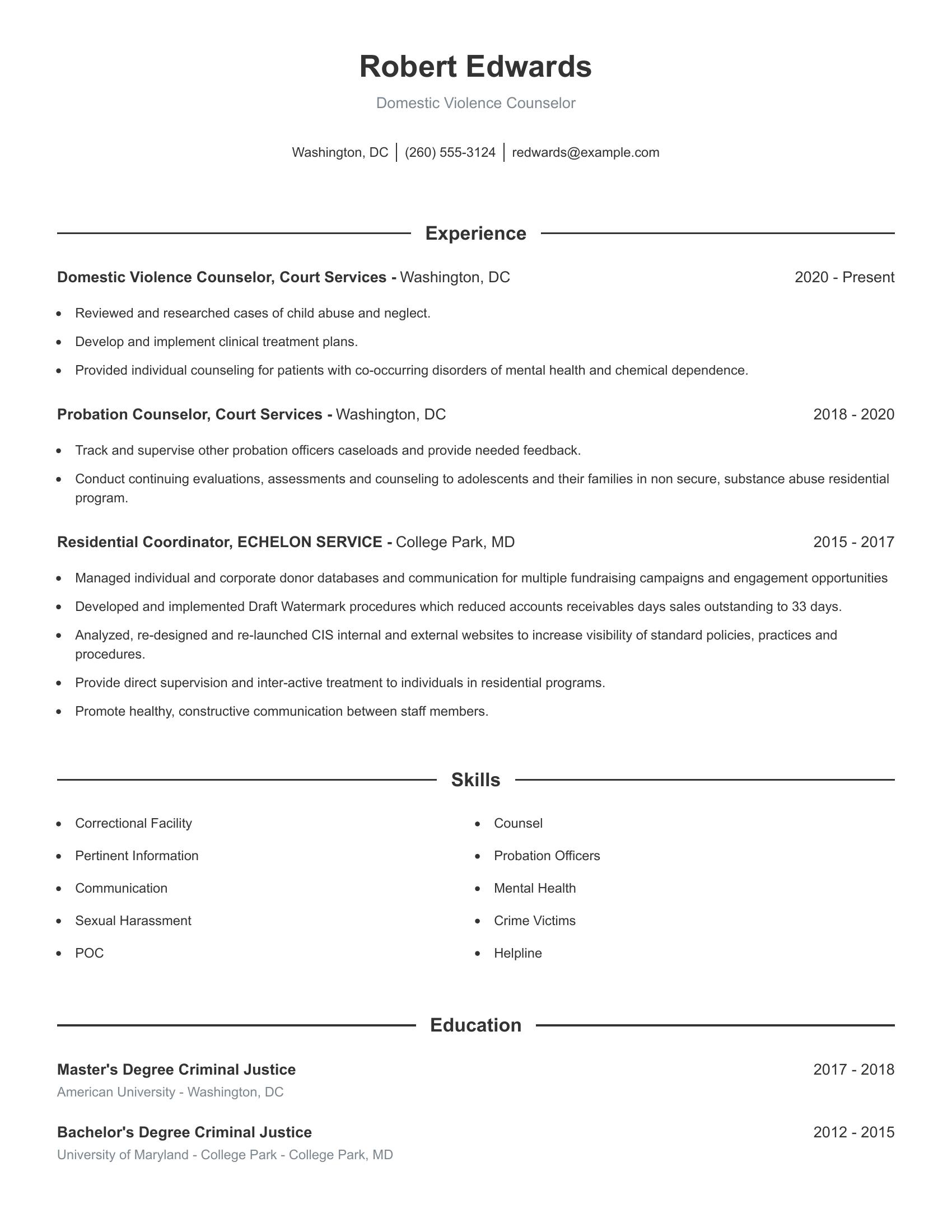 Domestic Violence Counselor resume example