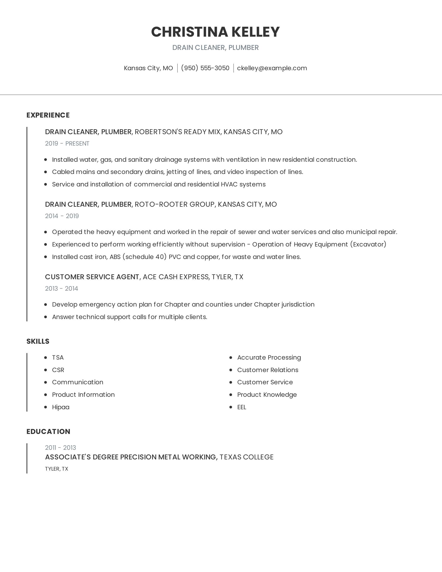 Drain Cleaner, Plumber resume example