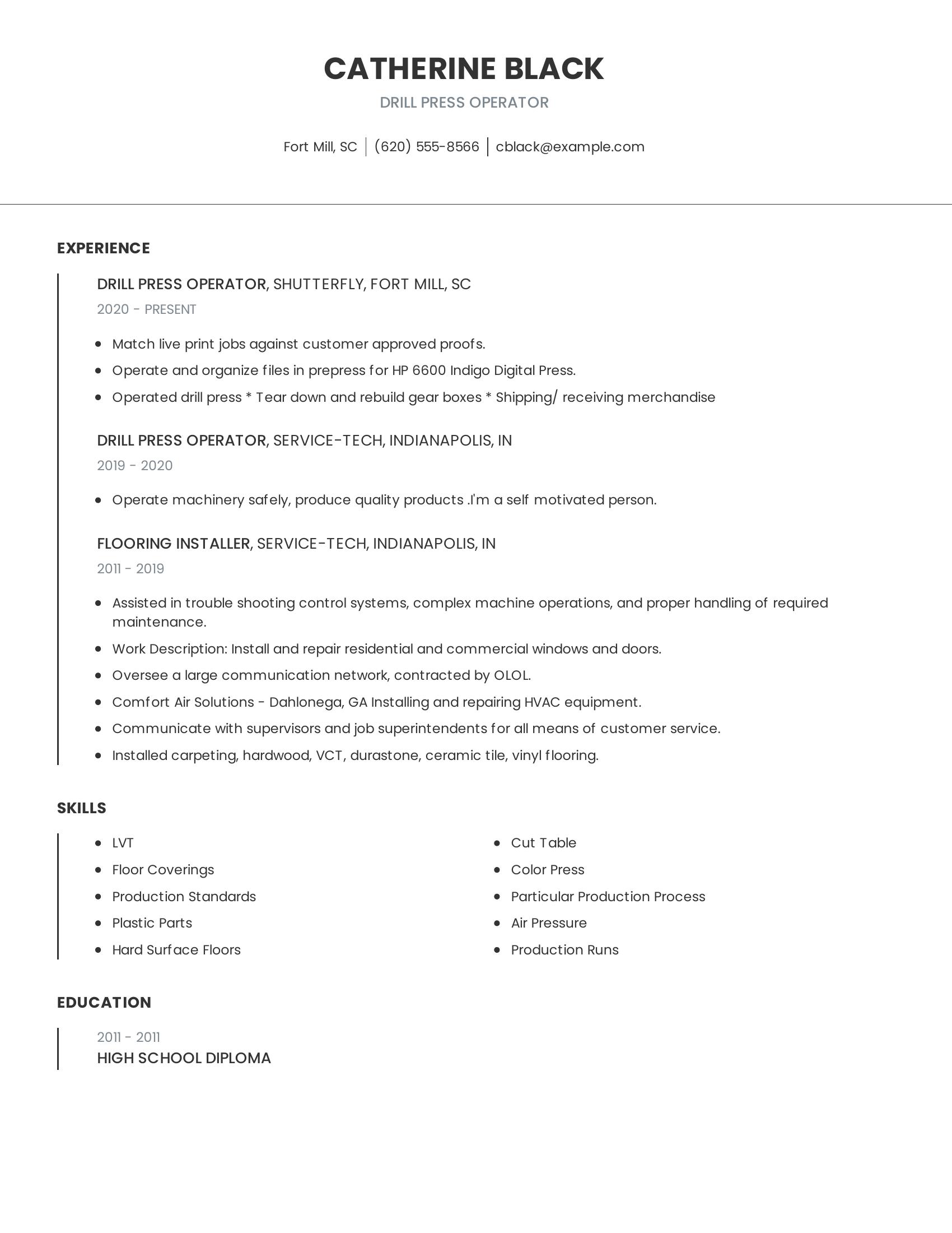 Drill Press Operator resume example