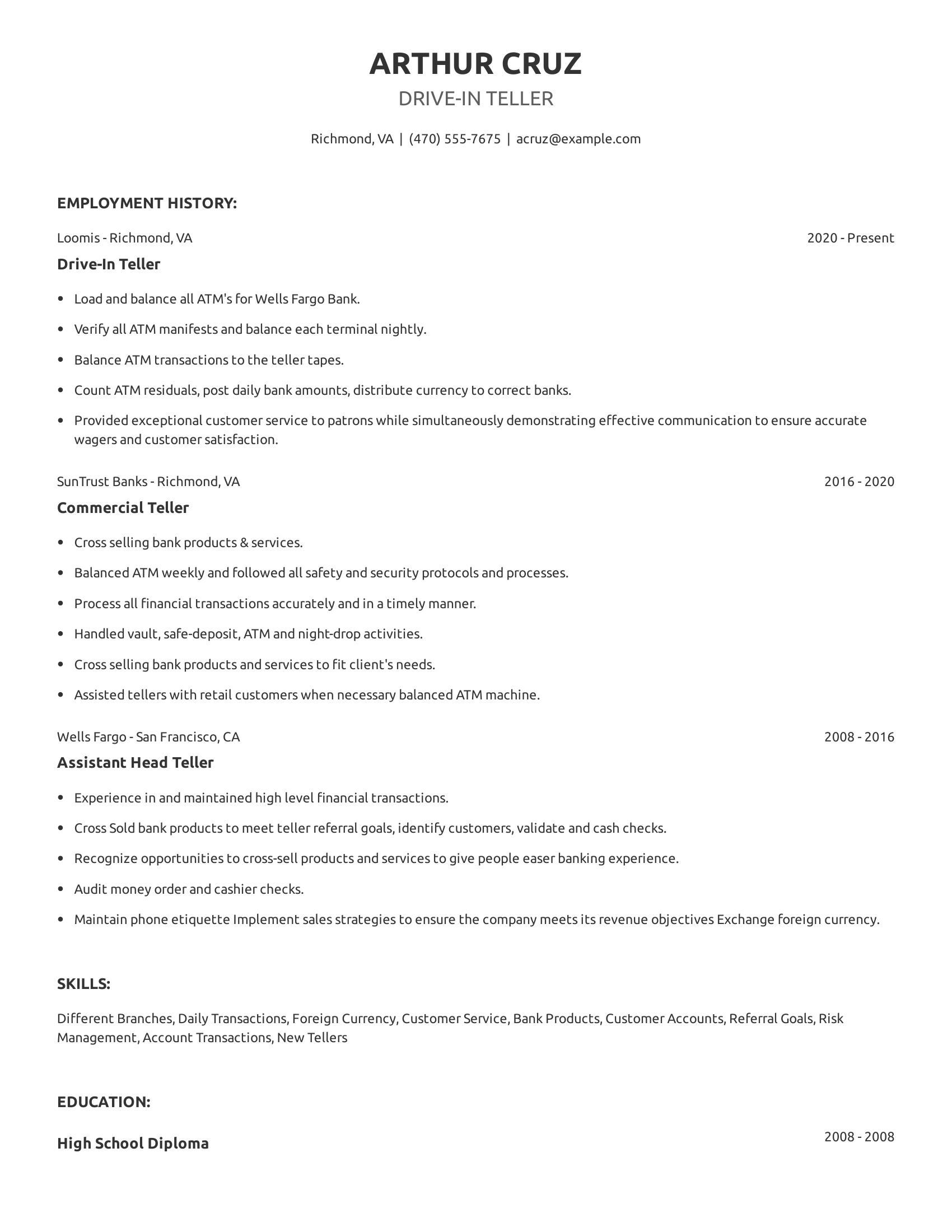 Drive-In Teller resume example