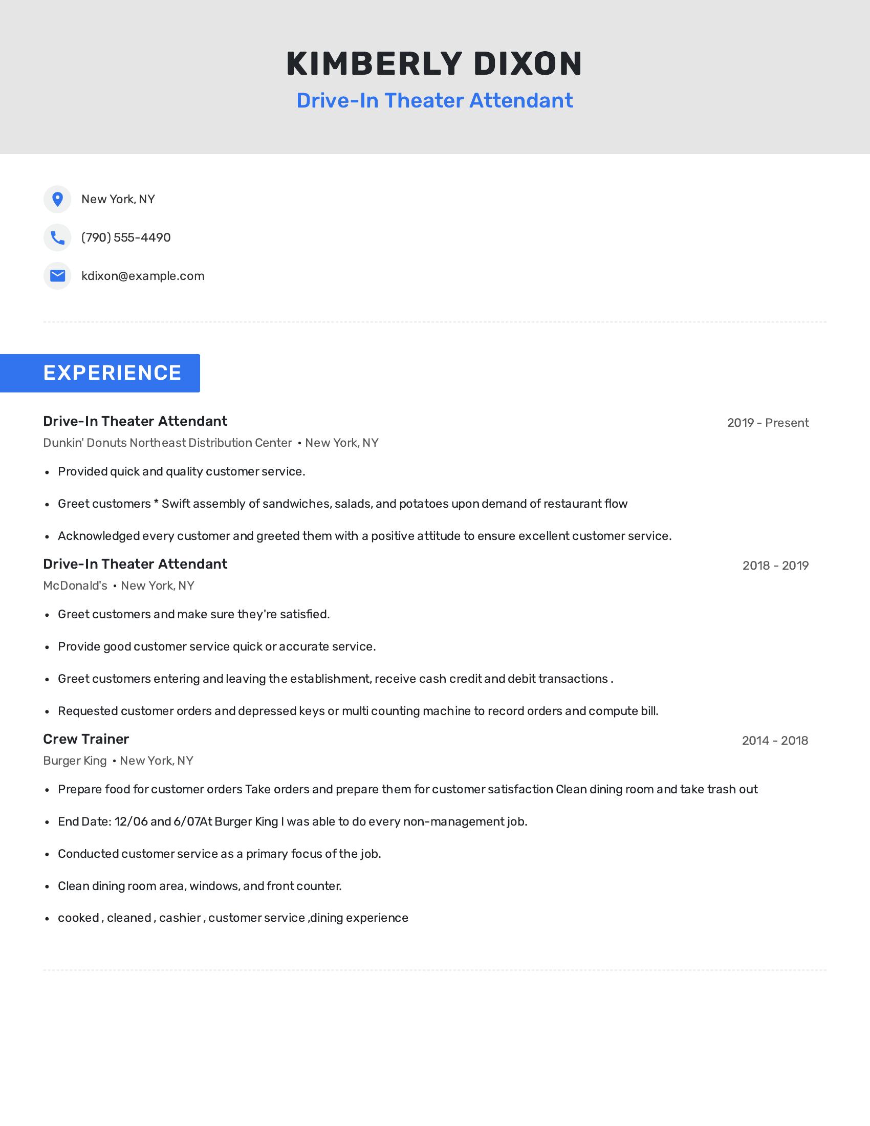 Drive-In Theater Attendant resume example