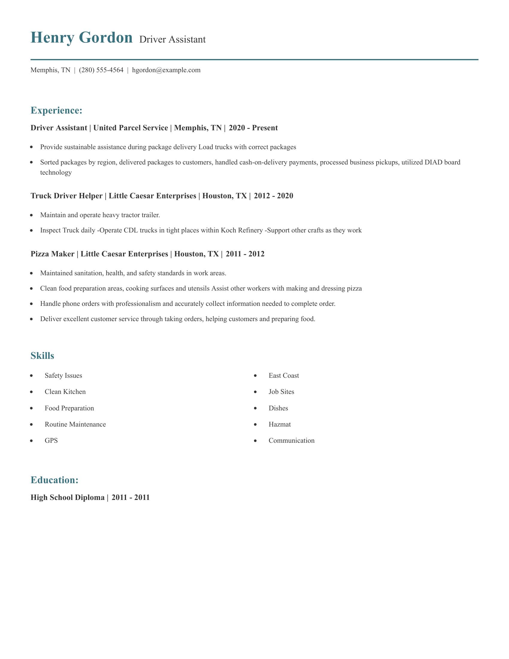 Driver Assistant resume example