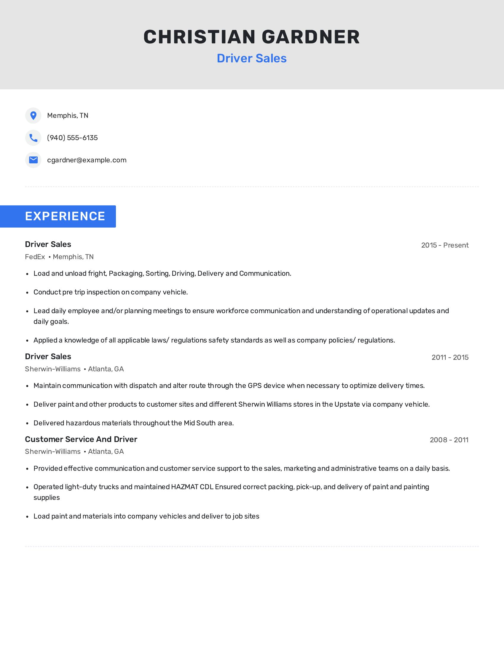 Driver Sales resume example