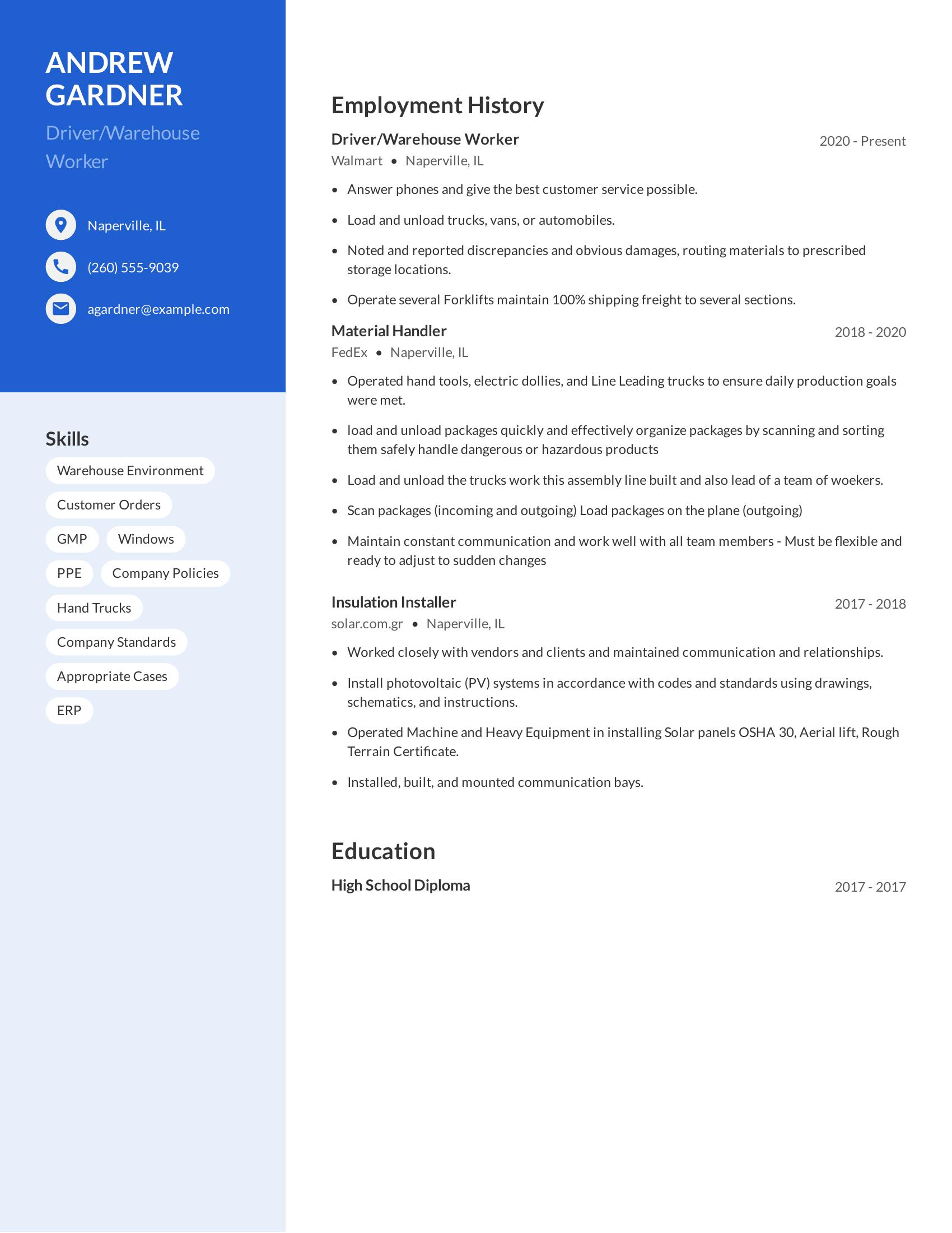 Driver/Warehouse Worker resume example