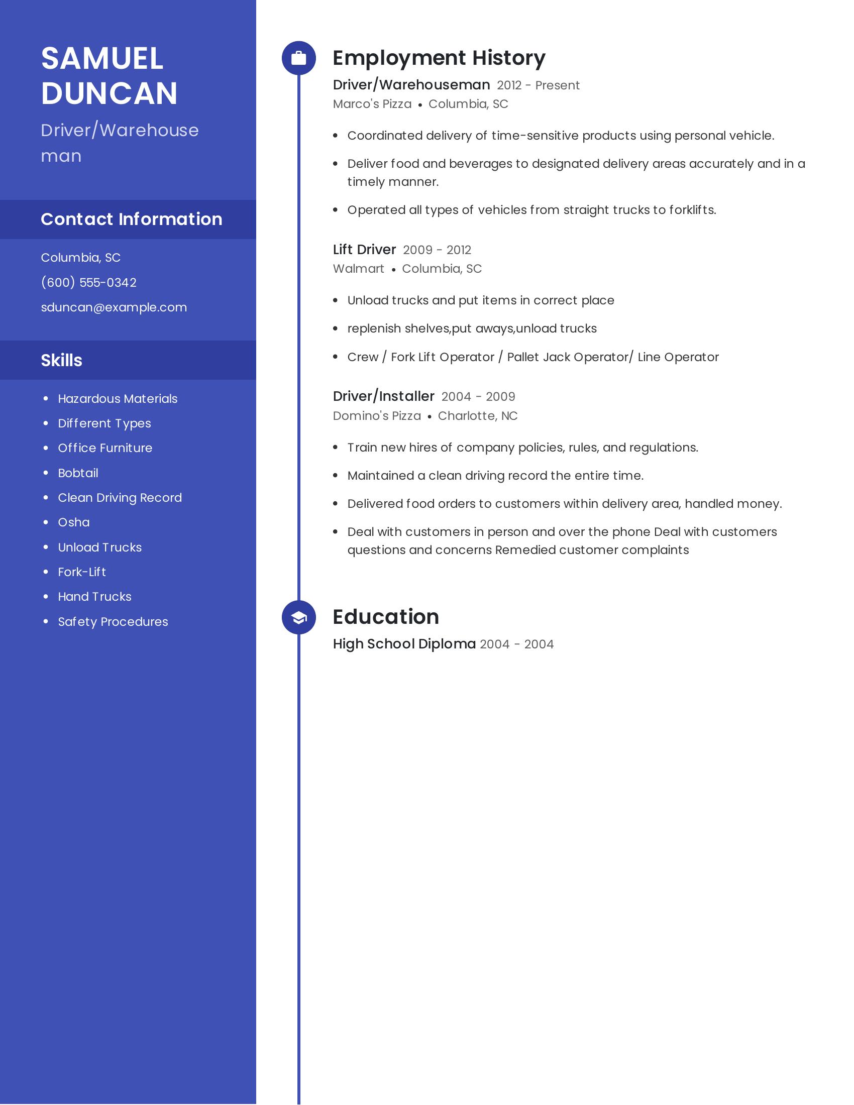 Driver/Warehouseman resume example