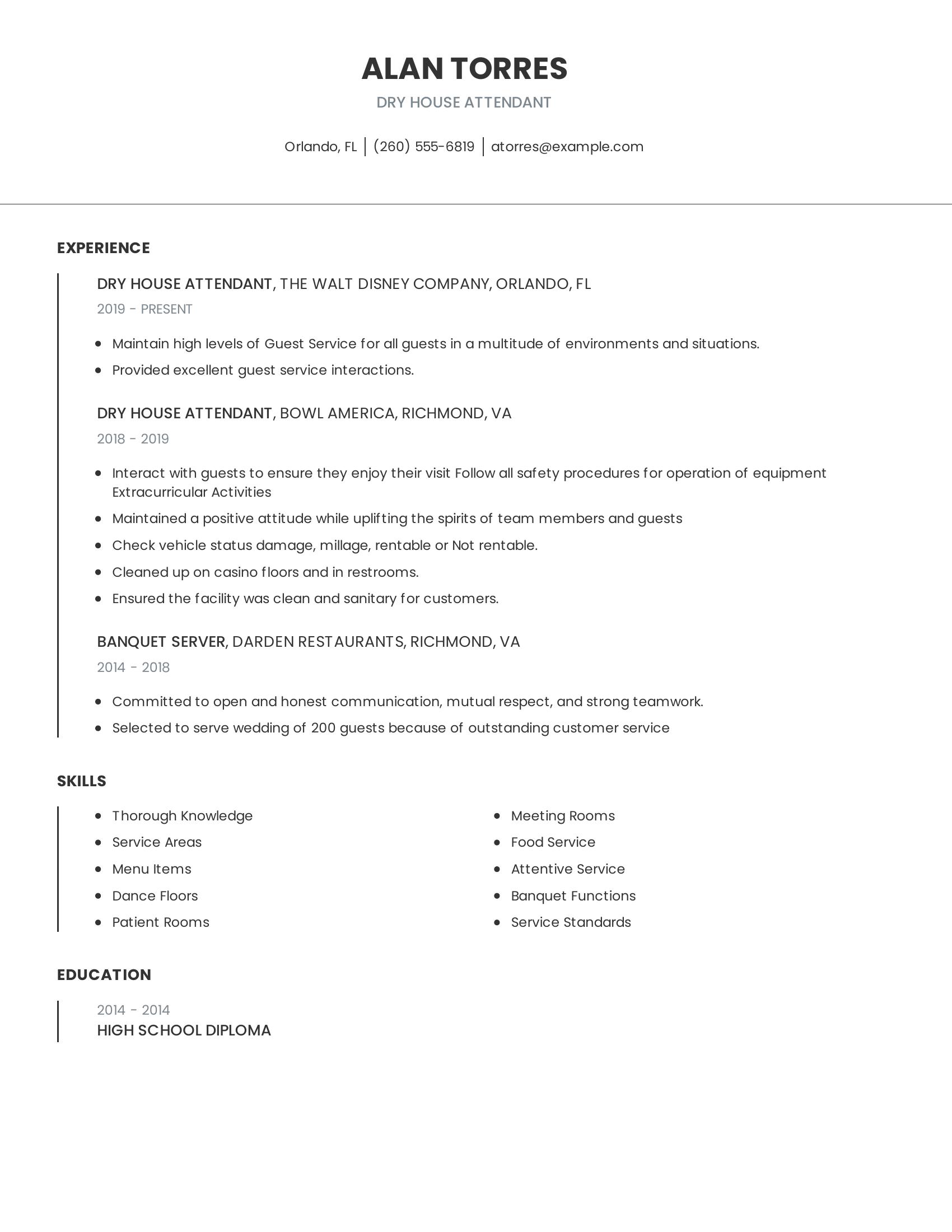 Dry House Attendant resume example