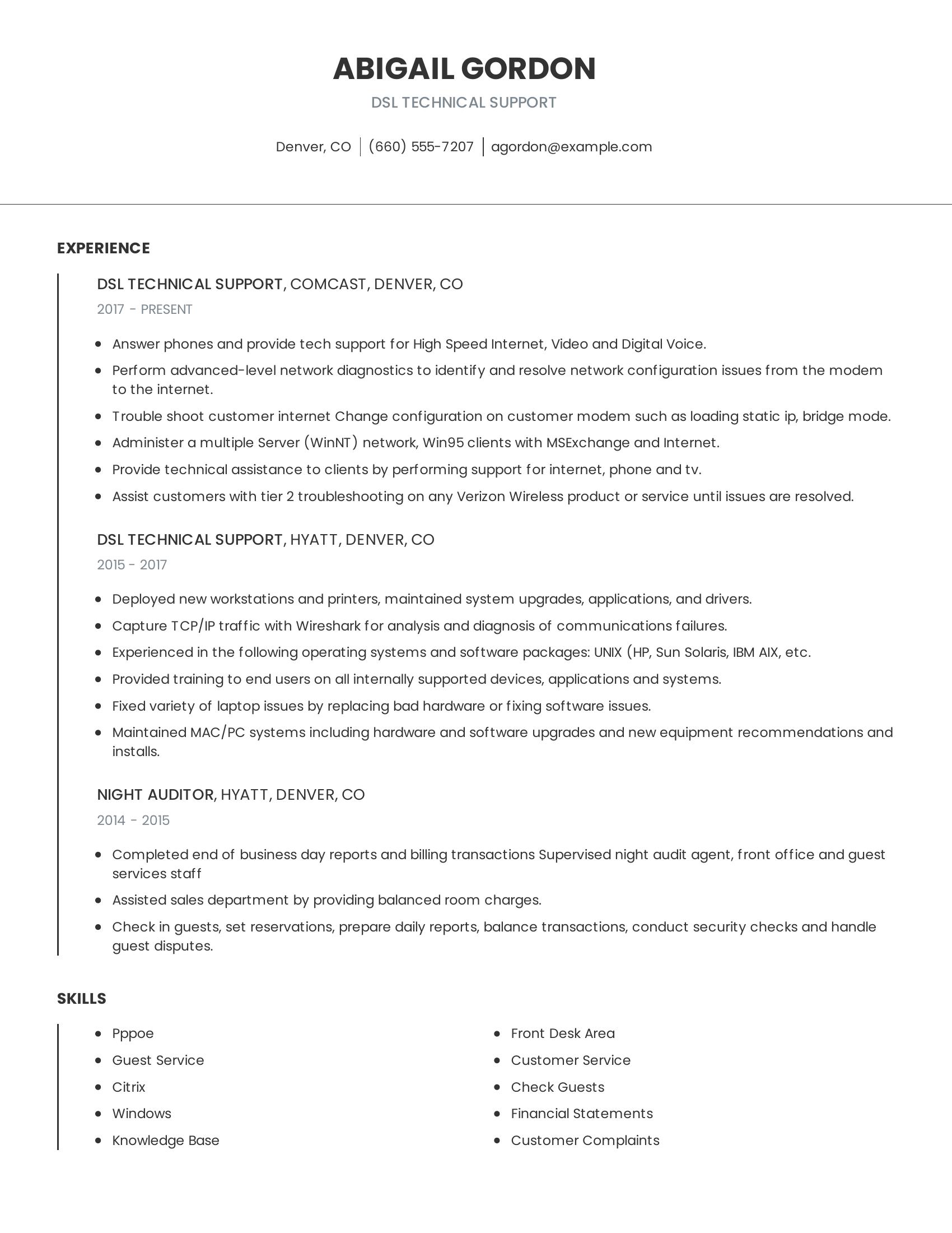 DSL Technical Support resume example