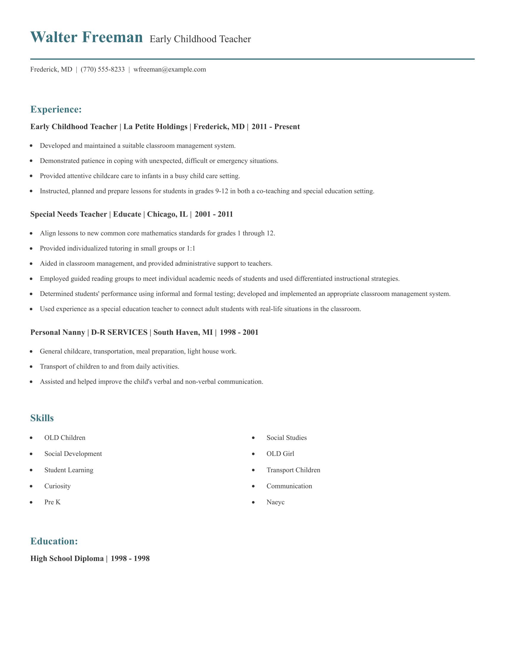 Early Childhood Teacher resume example