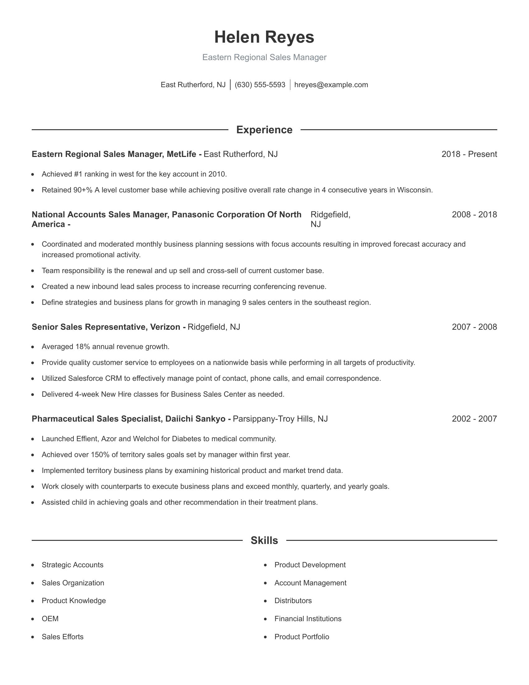 Eastern Regional Sales Manager resume example