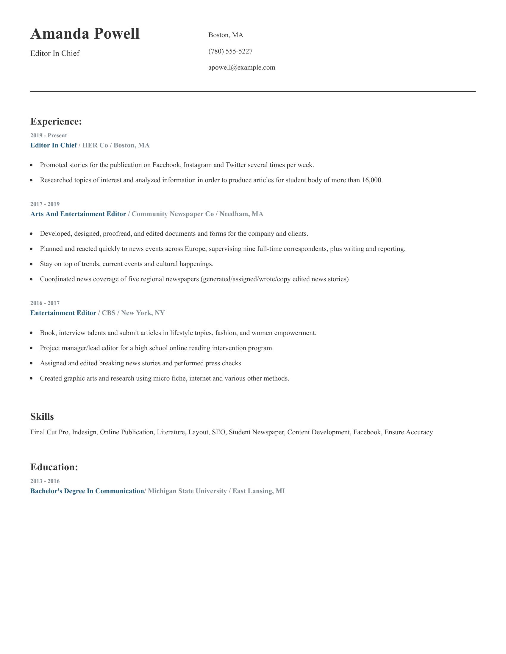 Editor In Chief resume example