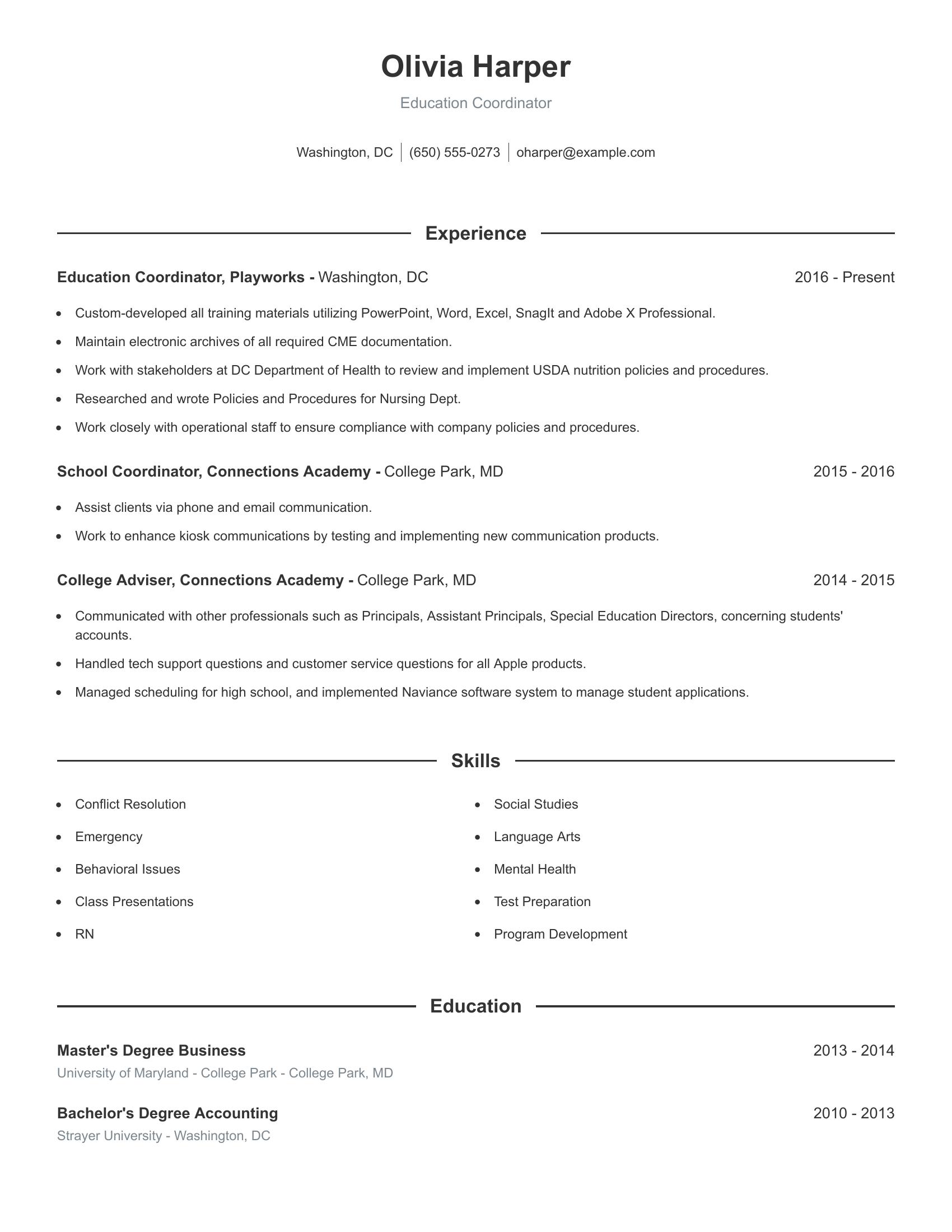 Education Coordinator resume example