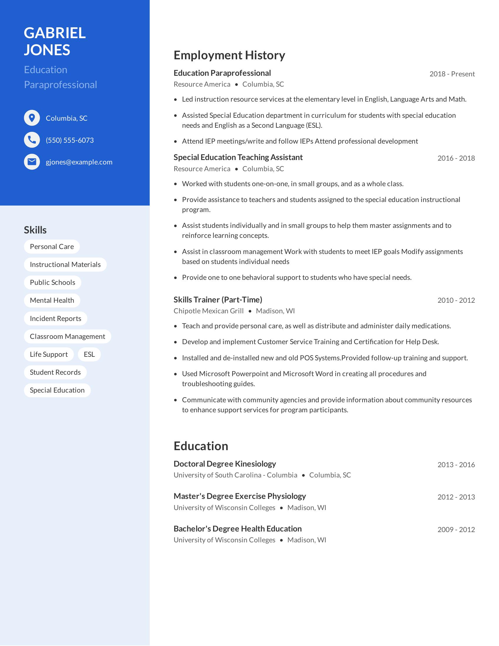 Education Paraprofessional resume example