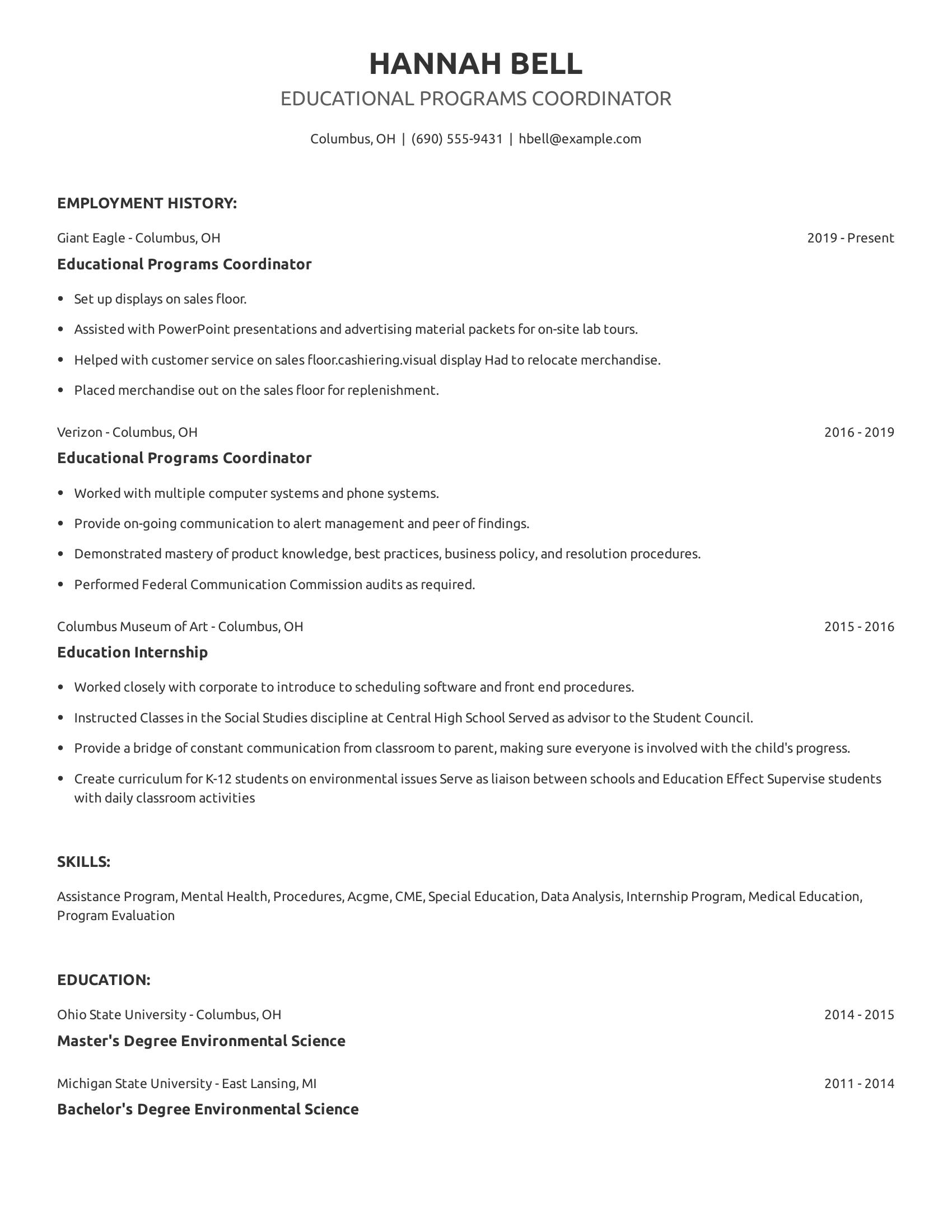 Educational Programs Coordinator resume example