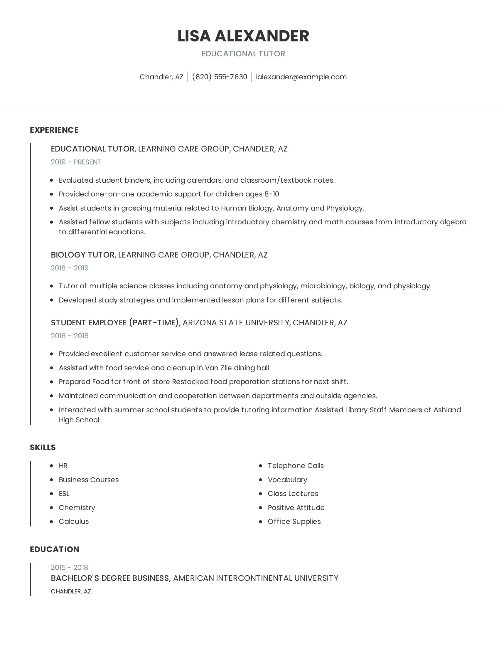 Educational Tutor resume example