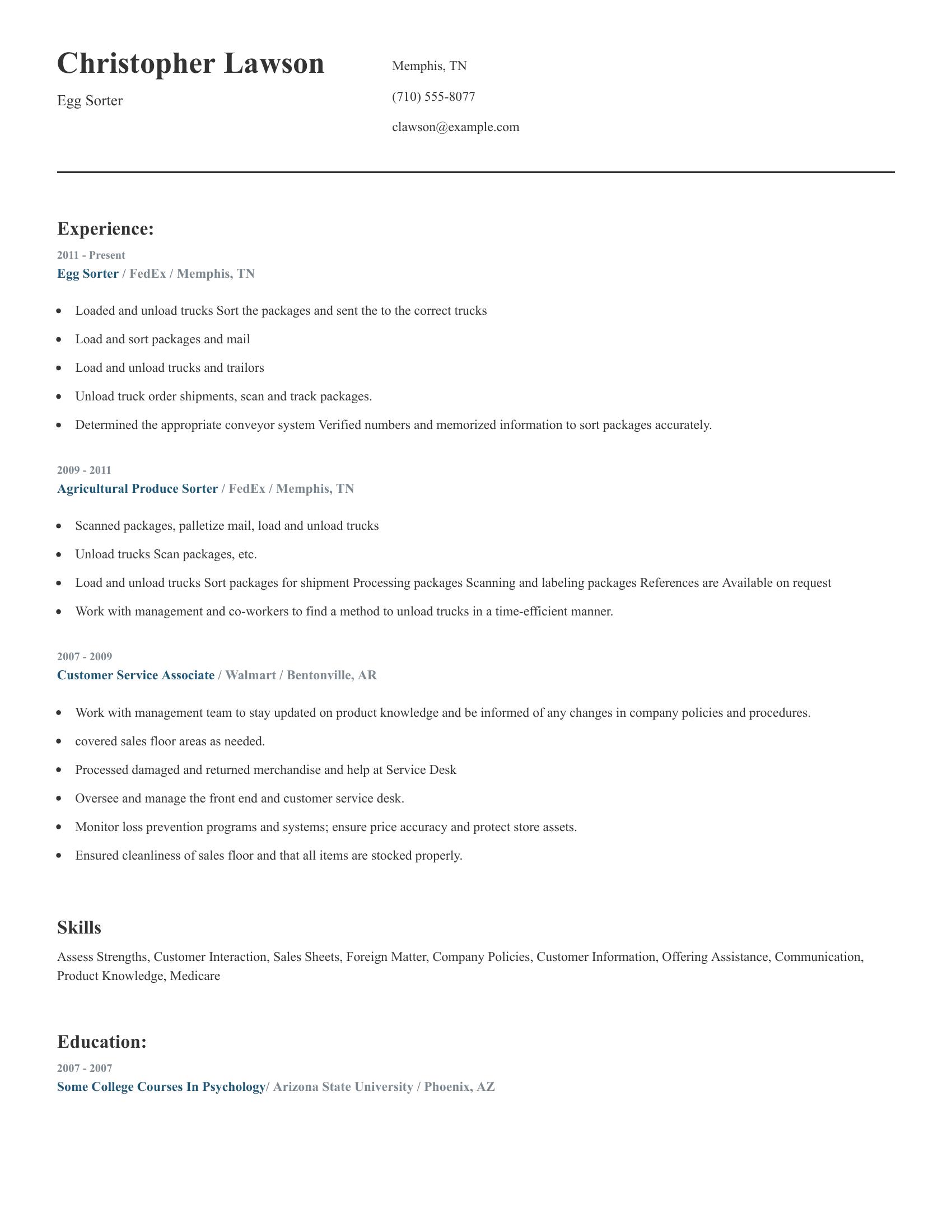 Egg Sorter resume example