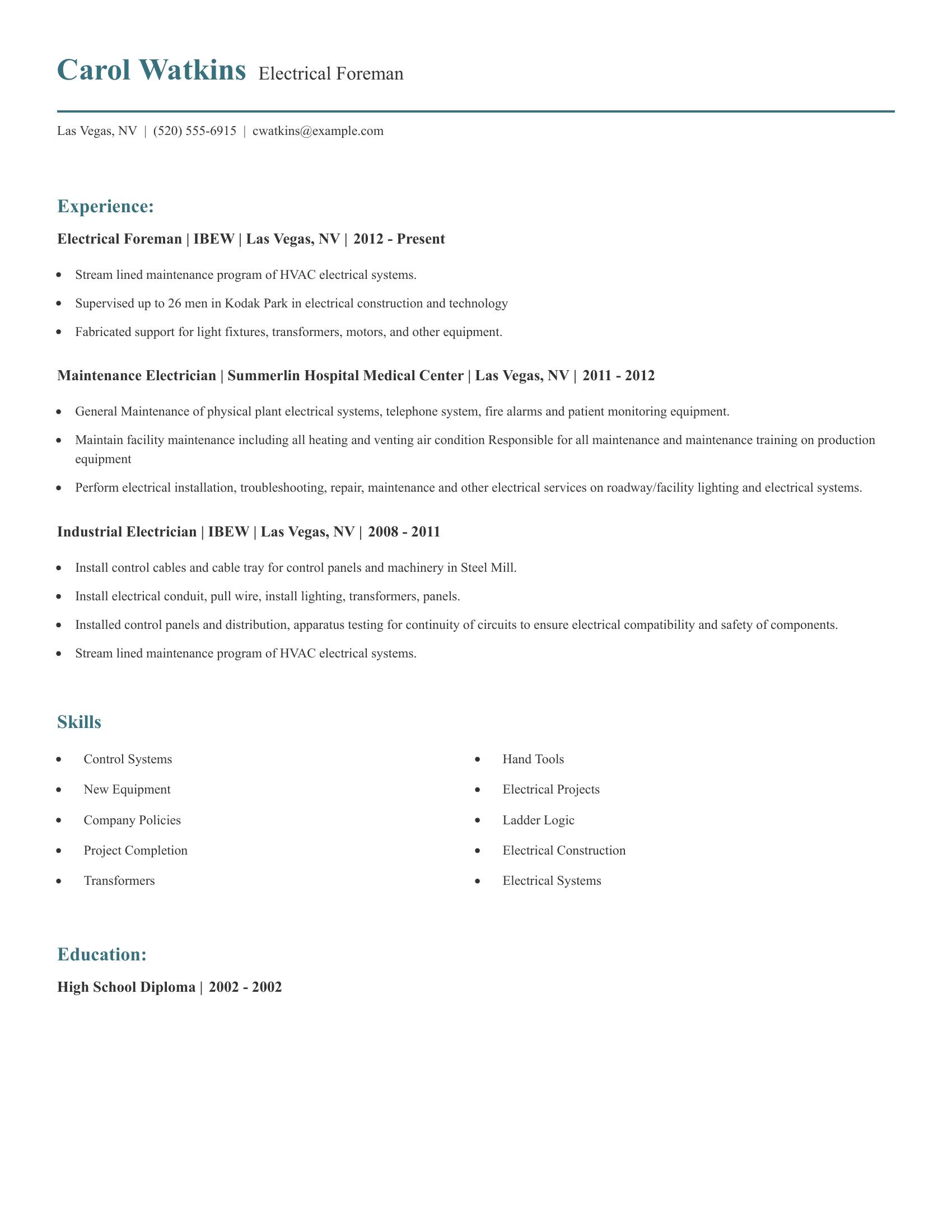 Electrical Foreman resume example