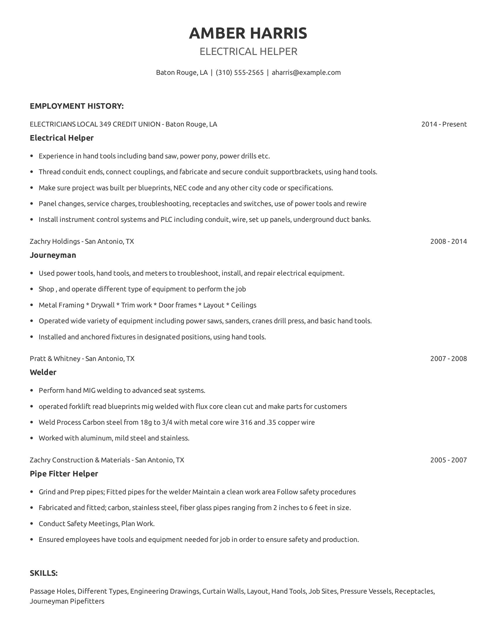 Electrical Helper resume example