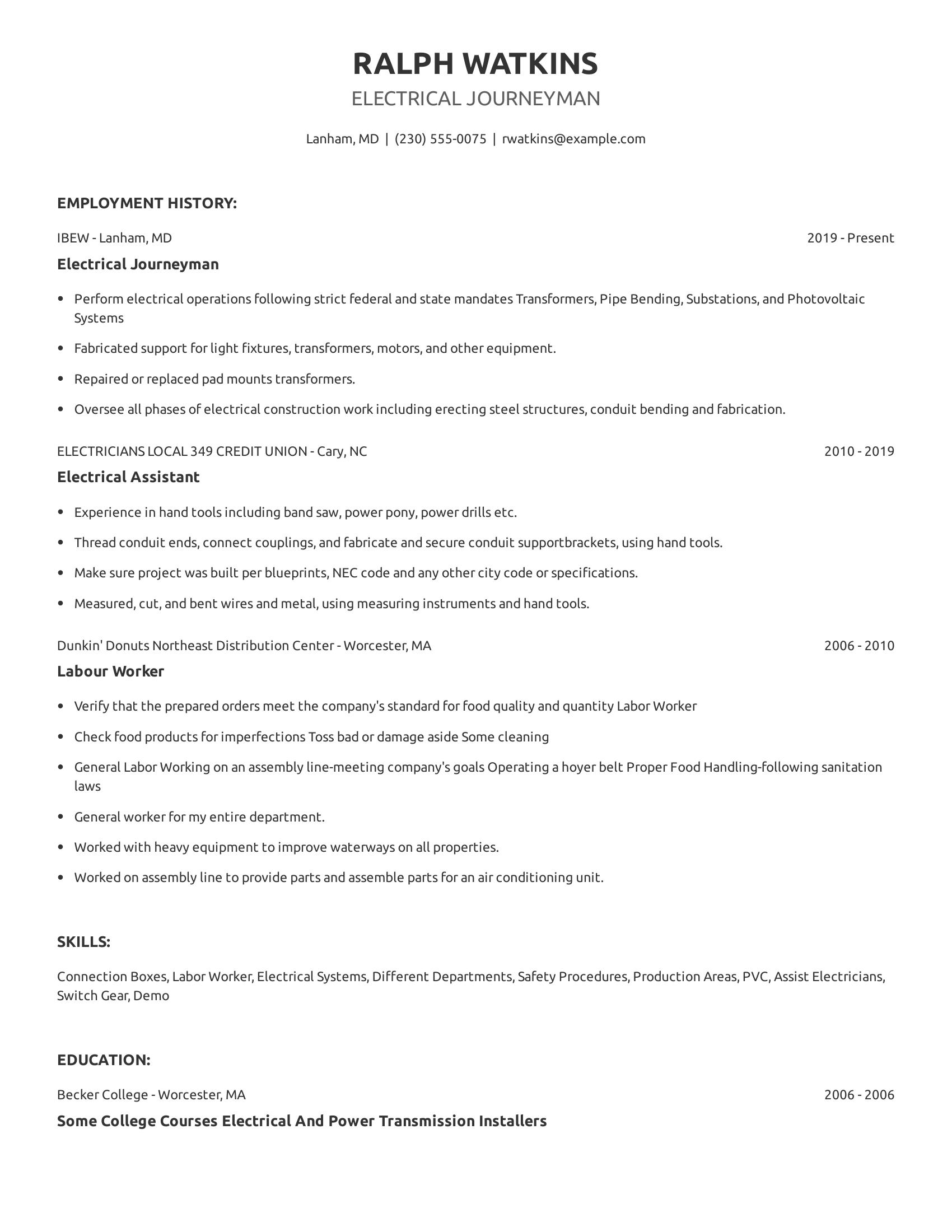 Electrical Journeyman resume example