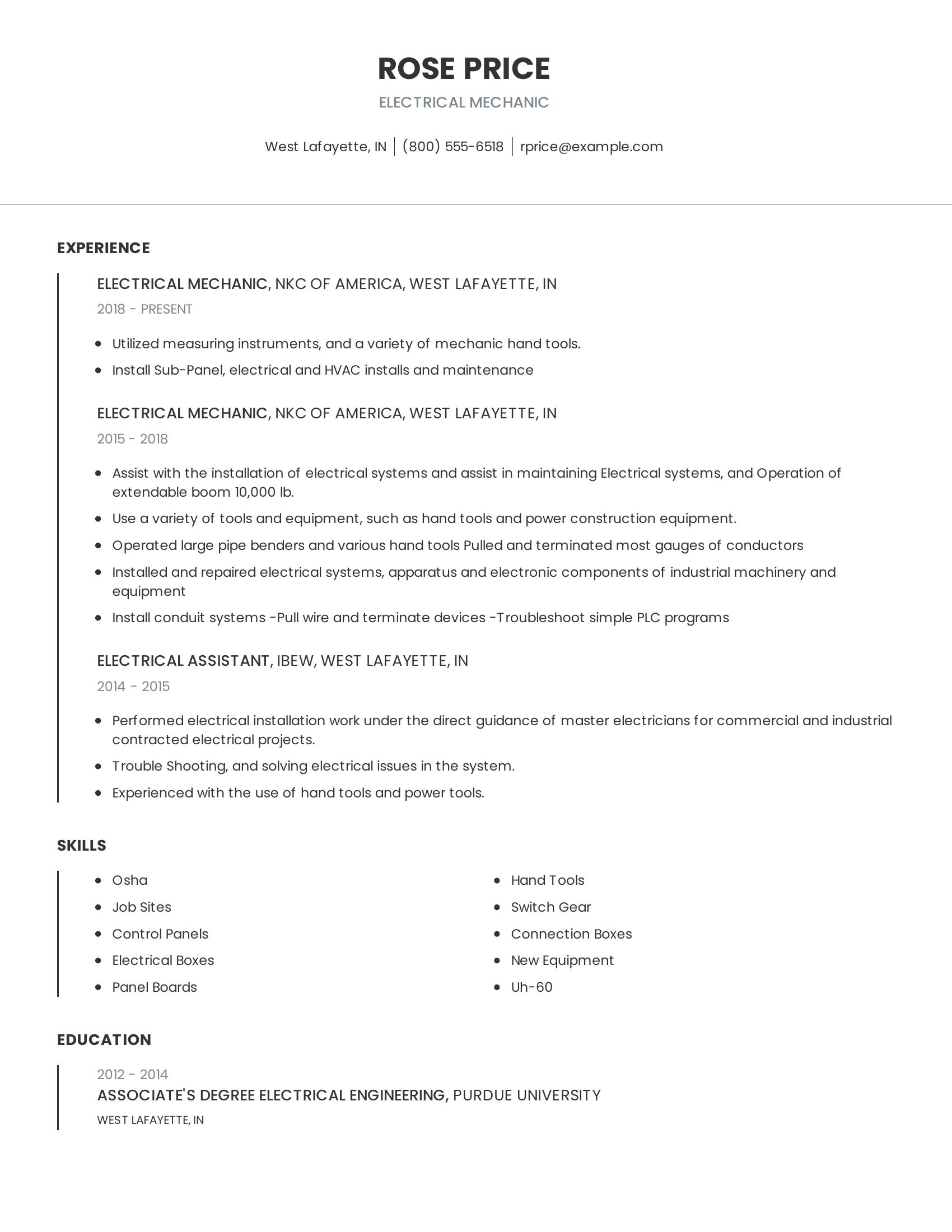 Electrical Mechanic resume example