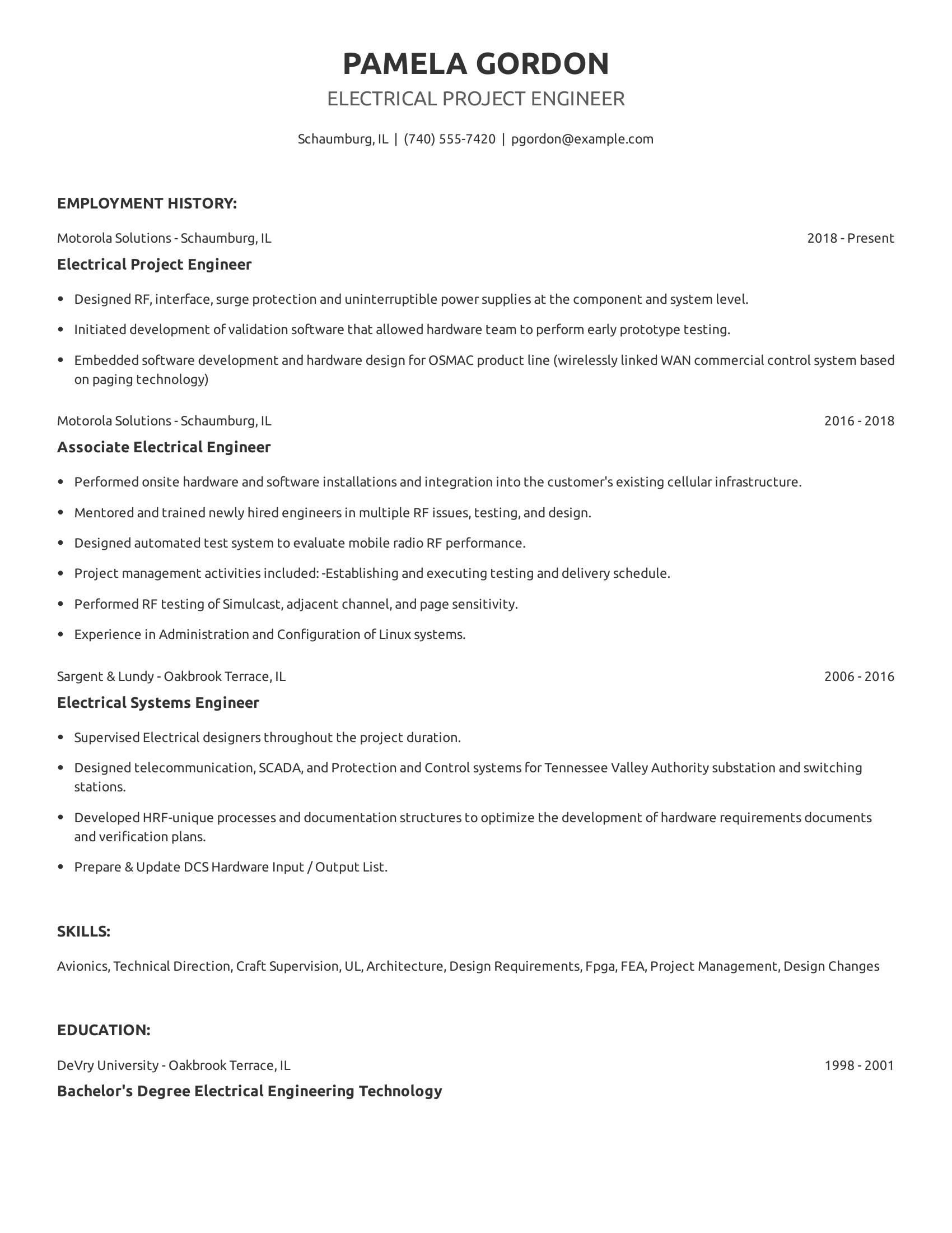 Electrical Project Engineer resume example