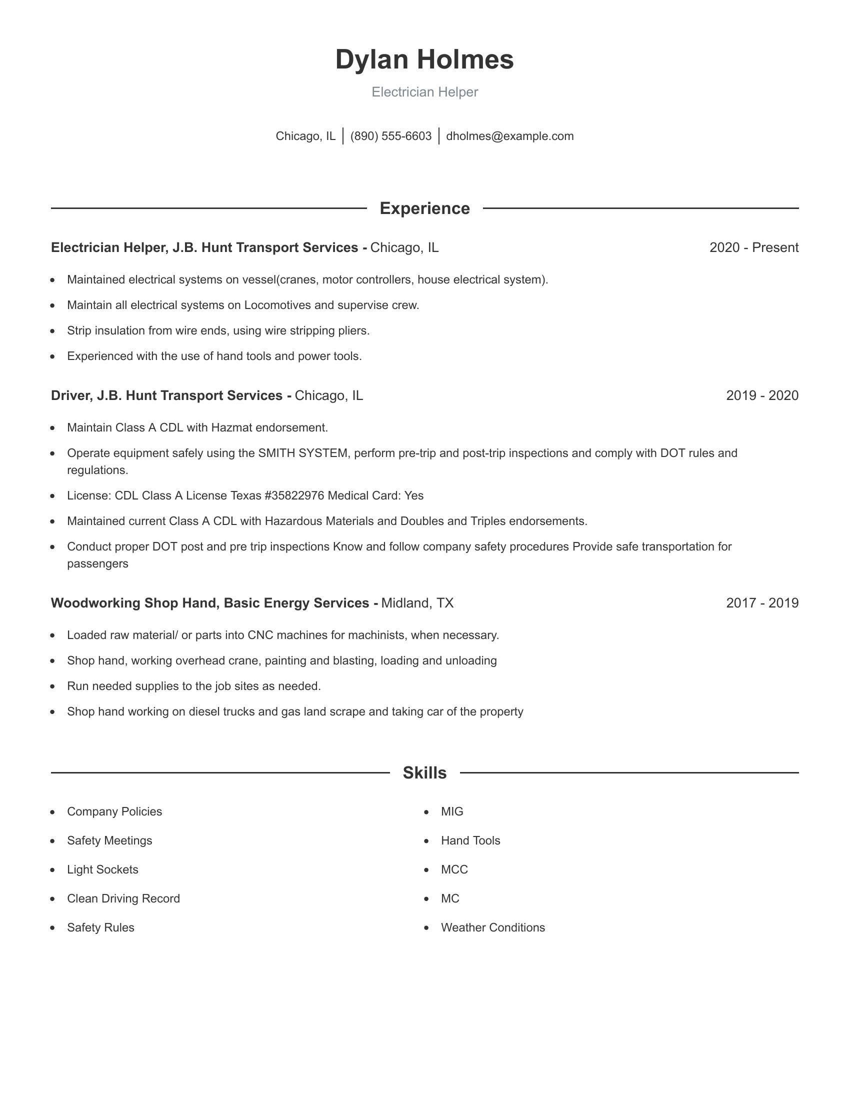 Electrician Helper resume example