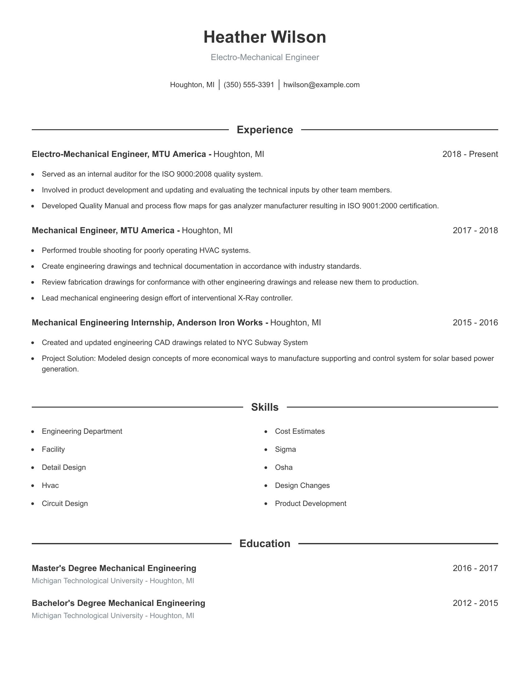 Electro-Mechanical Engineer resume example