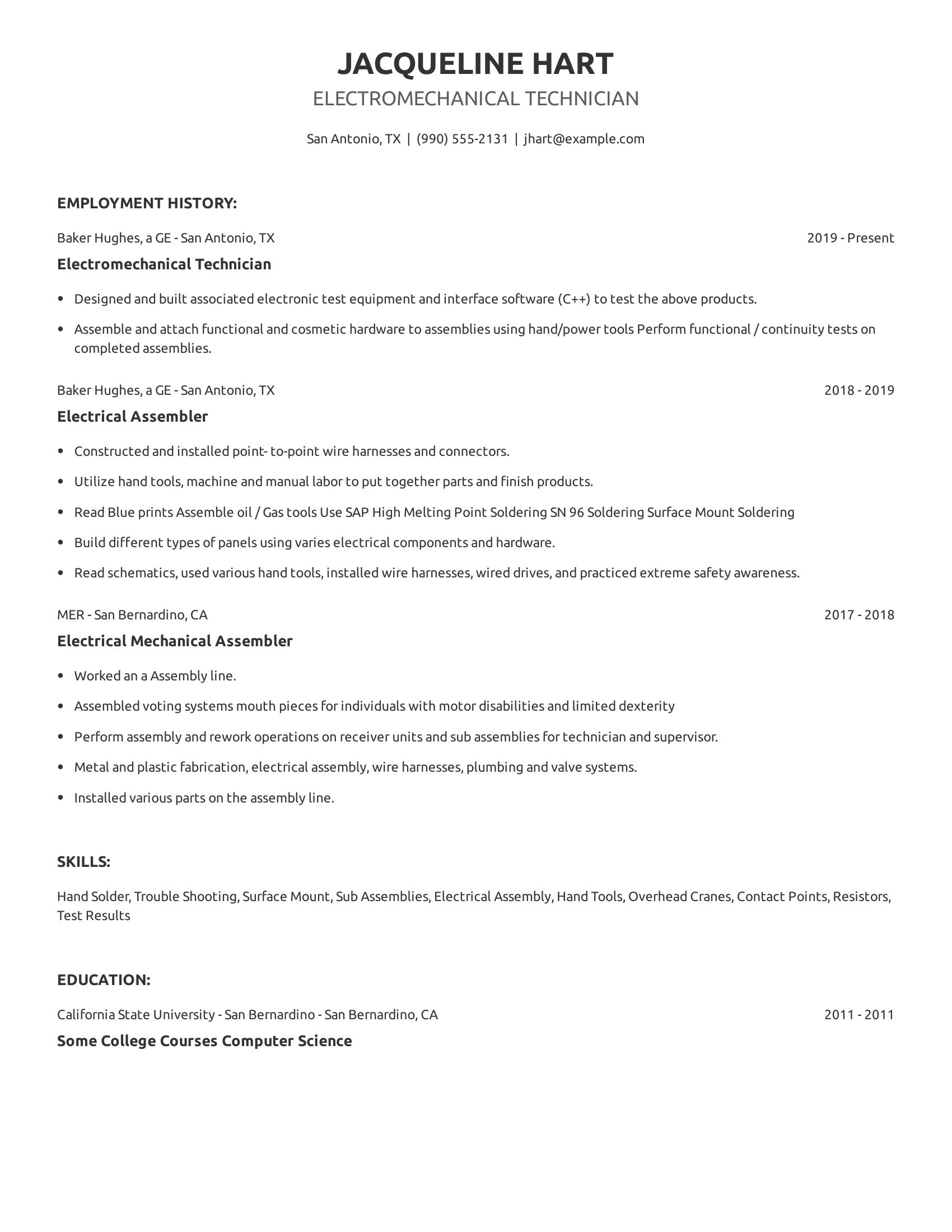 Electromechanical Technician resume example