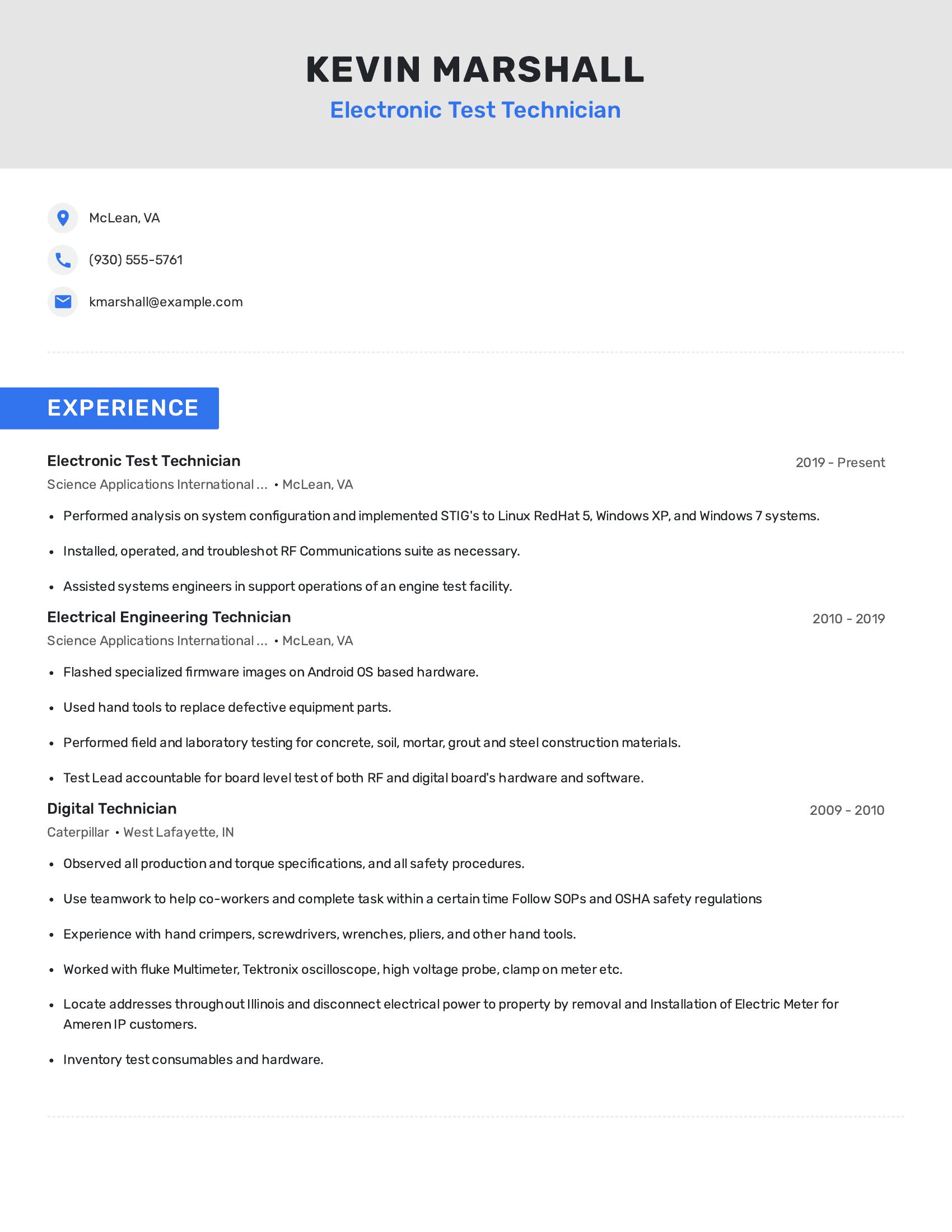Electronic Test Technician resume example