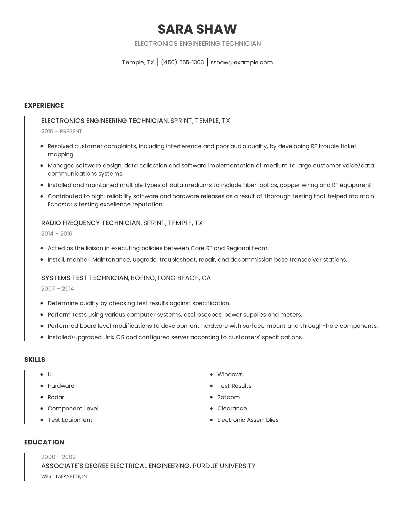 Electronics Engineering Technician resume example