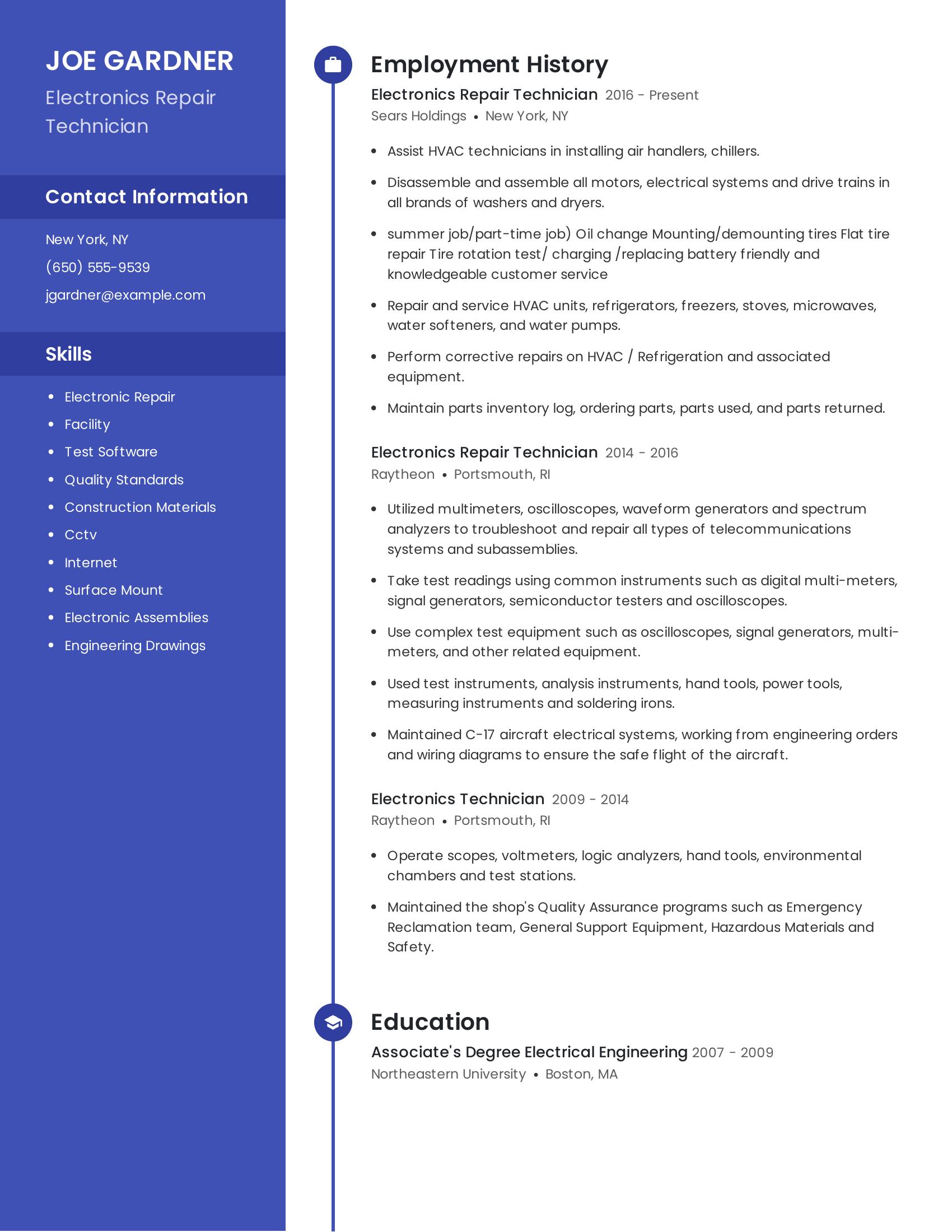 Electronics Repair Technician resume example