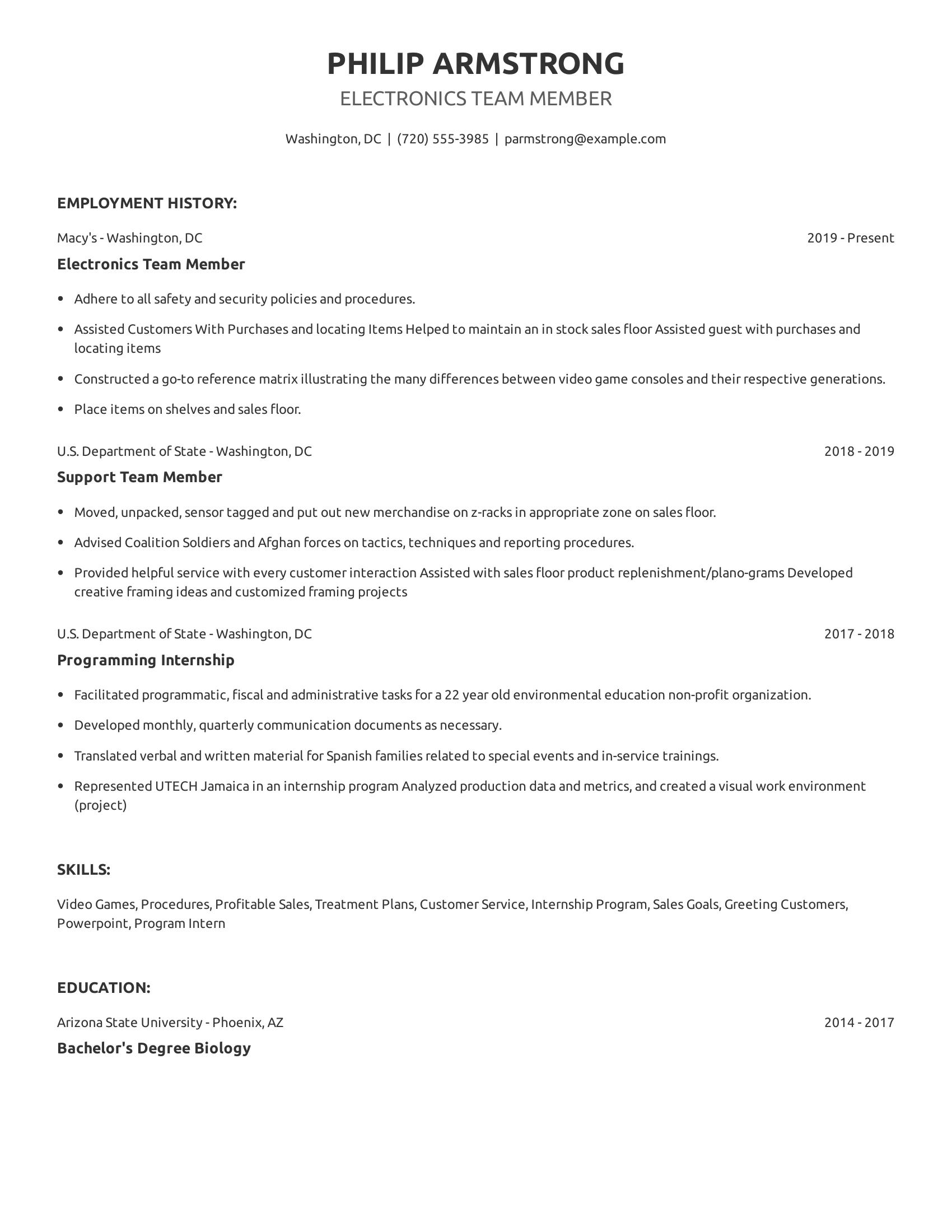 Electronics Team Member resume example