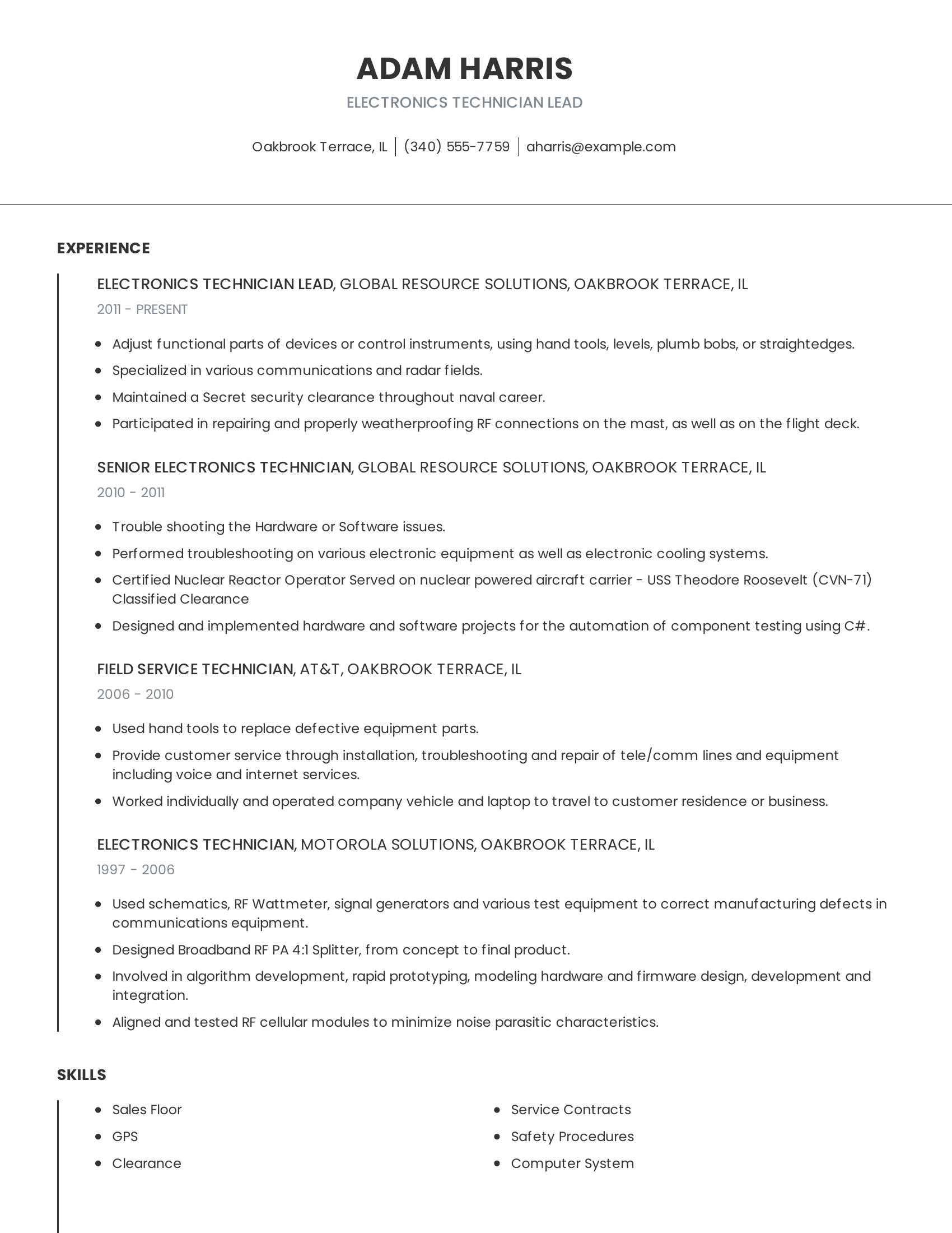 Electronics Technician Lead resume example