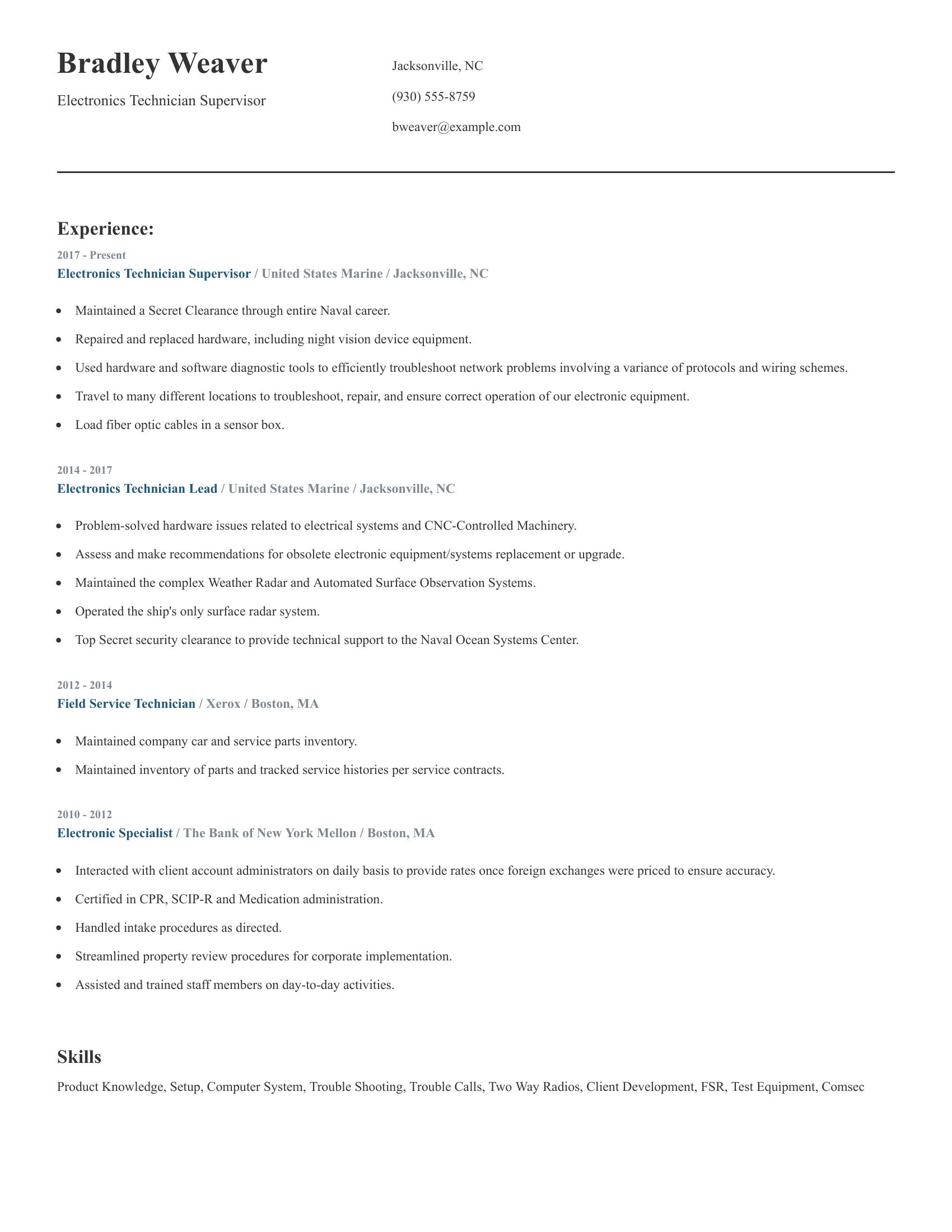 Electronics Technician Supervisor resume example