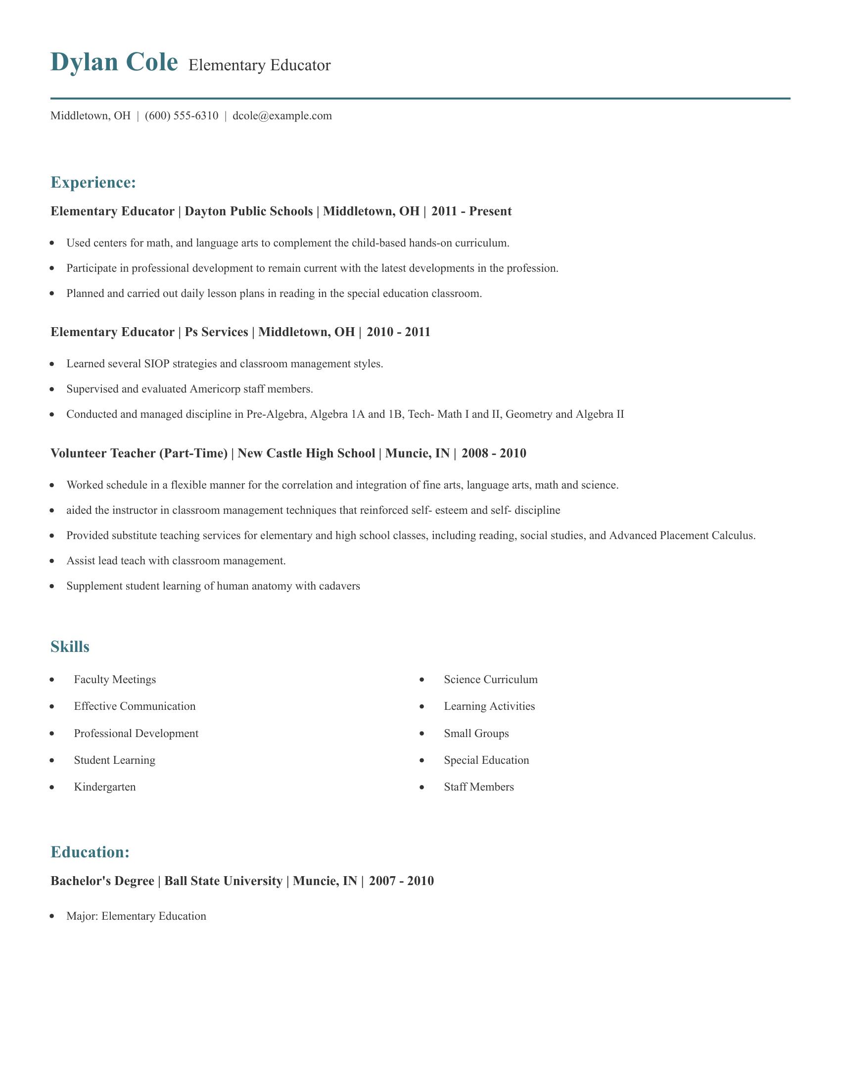 Elementary Educator resume example