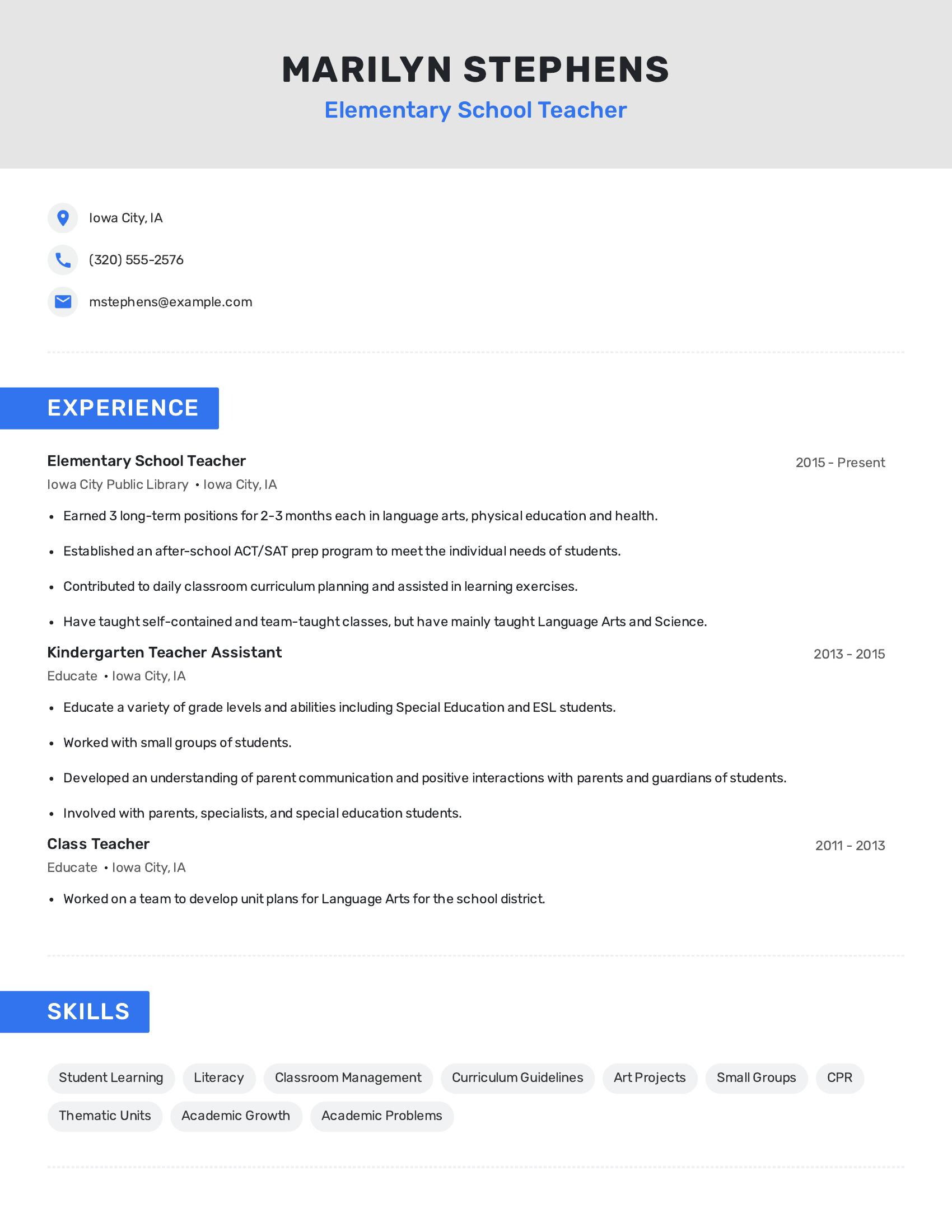 Elementary School Teacher resume example
