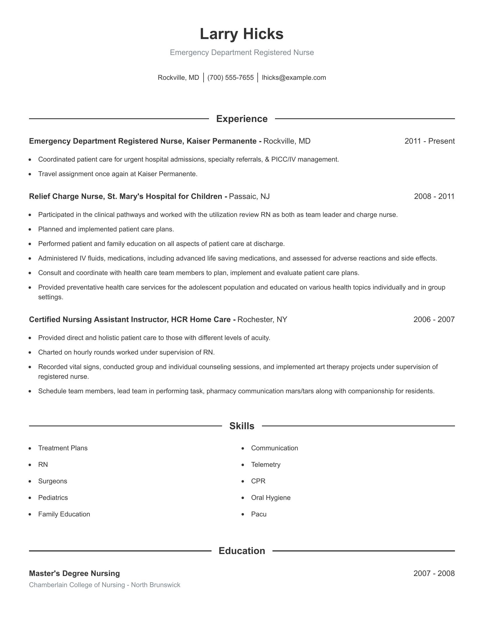 Emergency Department Registered Nurse resume example